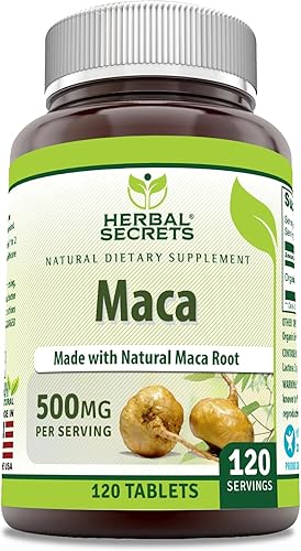 Herbal Secrets Suplemento de maca  500 mg por porción  120 tabletas  Sin OMG  Sin gluten  Fabricado en Estados Unidos