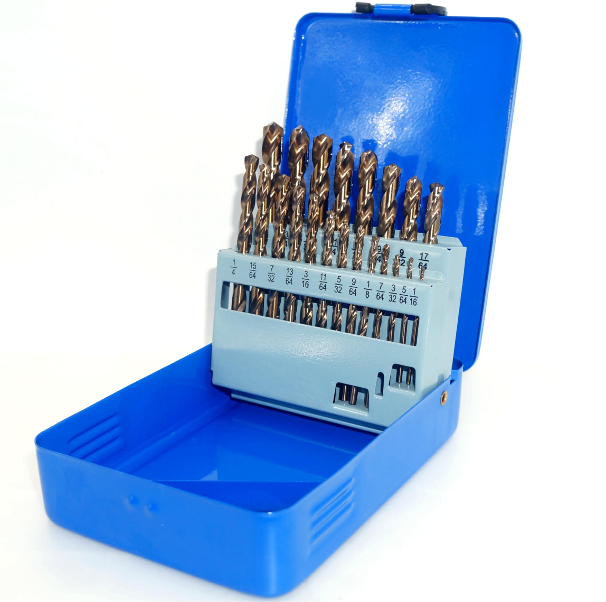 Juego de brocas de cobalto de 1/16-3/8 pulgadas, 21 piezas M35 de vástago redondo de acero de alta velocidad para acero inoxidable, metal duro, hierro fundido, plástico y madera