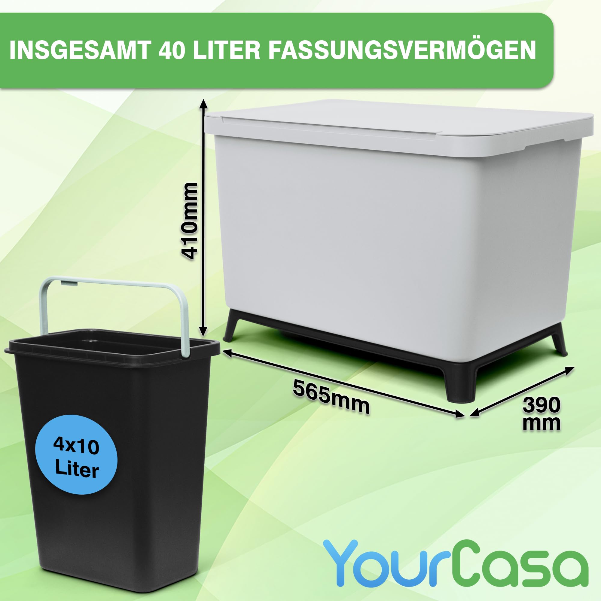 YourCasa Keukenafvalemmer met 4 vakken [40 l] in exclusief design – afvalscheidingssysteem met deksel en voeten – grote vuilnisemmer met 4 uitneembare emmers van 10 liter