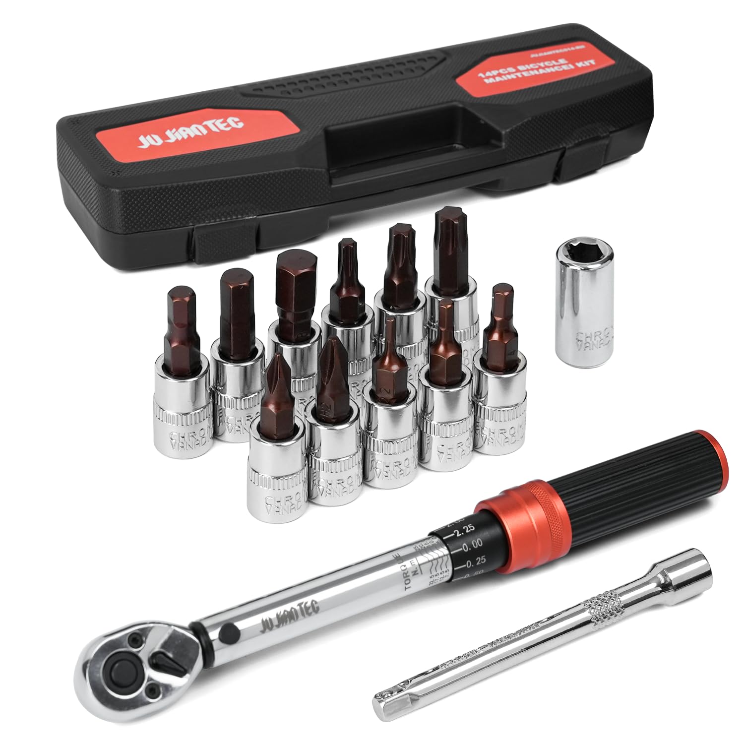 Set di 14 chiavi dinamometriche a scatto da 1-1/4", 5-25 Nm ±3%, kit master con 11 punte CR-V (H2-H8/T20-T40/PH1-PH2), estensione da 4" e adattatore, testa a 72 denti per riparazione