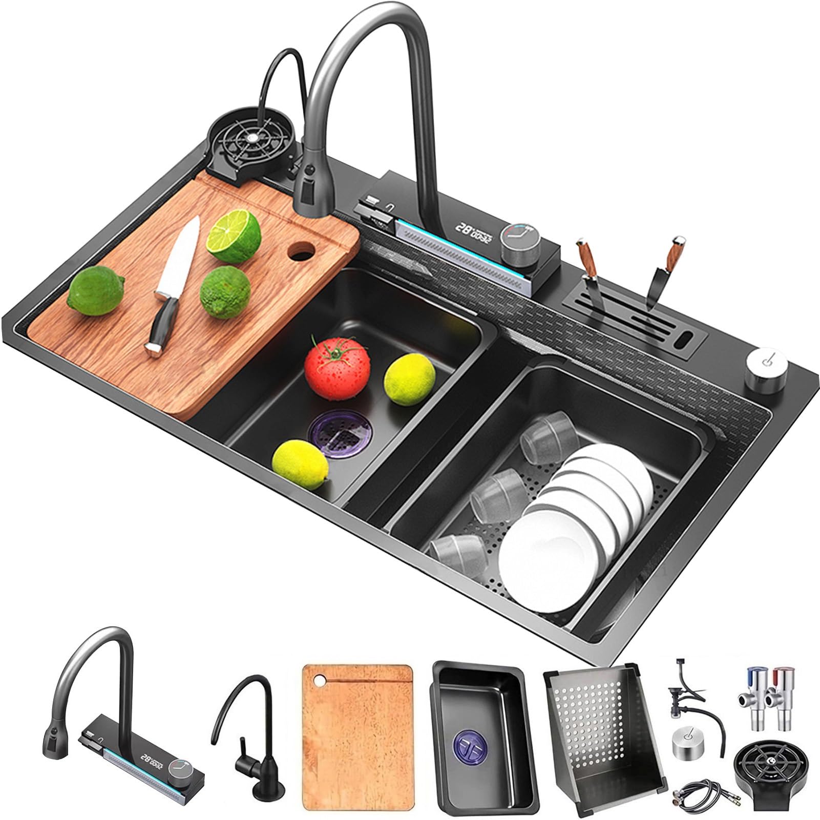 Évier de cuisine cascade design en acier inoxydable avec accessoires 90 cm