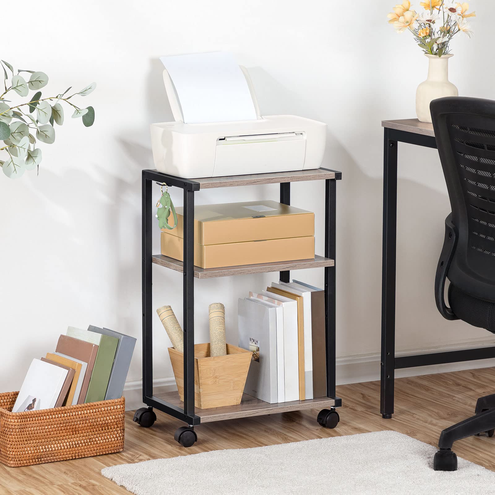 HOOBRO Druckertisch, 3-stöckiger Druckerständer mit Rollen, Höhenverstellbar Druckerwagen, mit 3 Ablagen und 2 Haken, 42 x 28 x 64 cm, für Büro, Fax, Kopierer, Scanner EBG28PS01N1