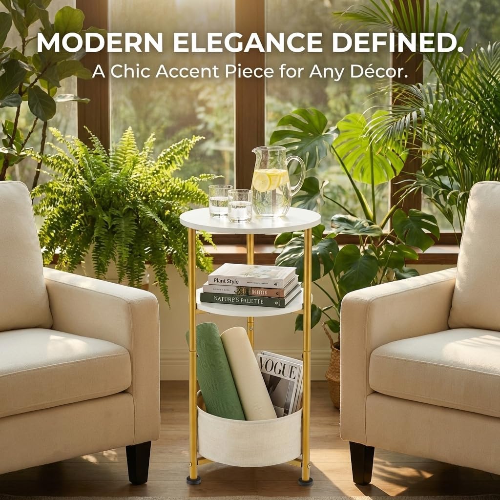Small Round Side Table with Storage Basket, 3-Tier Narrow End Table Nightstand for Living Room Bedroom, 11.8" Diameter Modern Bedside Table for Small Spaces, Wood Grain & Metal Frame (White & Gold)