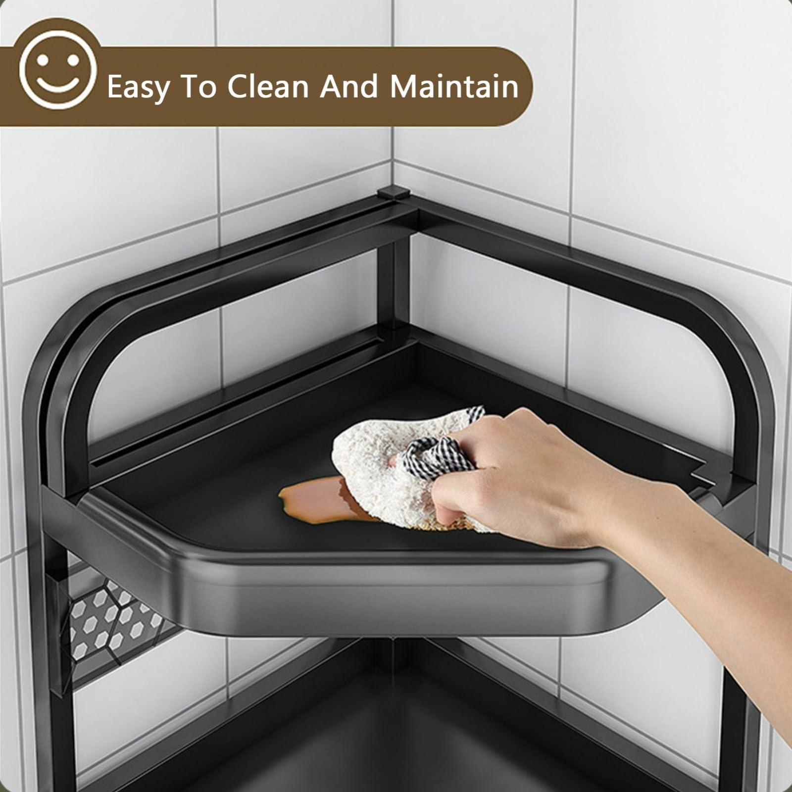 Estante esquinero de cocina de acero inoxidable con ganchos y soporte para tarros de especias, estante de almacenamiento de condimentos de pie de 2 niveles para encimera, especias y condimentos de