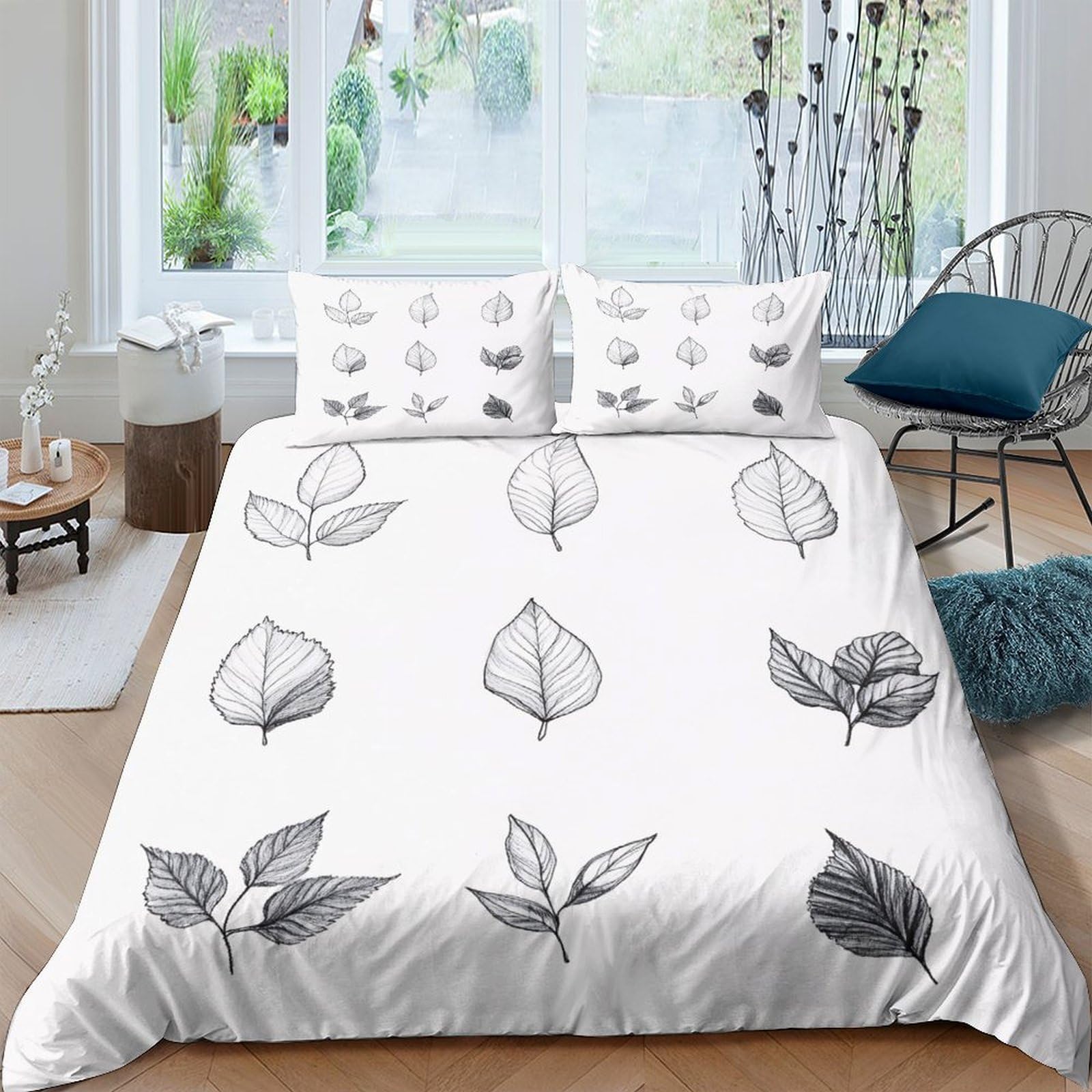 GPLZQXKJNH 3D Printed Botanical Leaf Duvet Cover Microfiber Soft Breathable Monochrome Plant Bedding Set with 2 Pillowcases for Bedroom Decor Single（135x200cm）