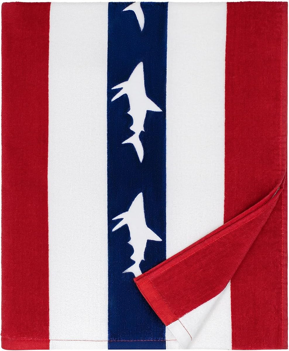 cabanana Large Beach Towel Oversized - 35 x 70 Inch Cotton Pool Towel, Soft Thin Velour Swim Towel for Adults (Shark Red)