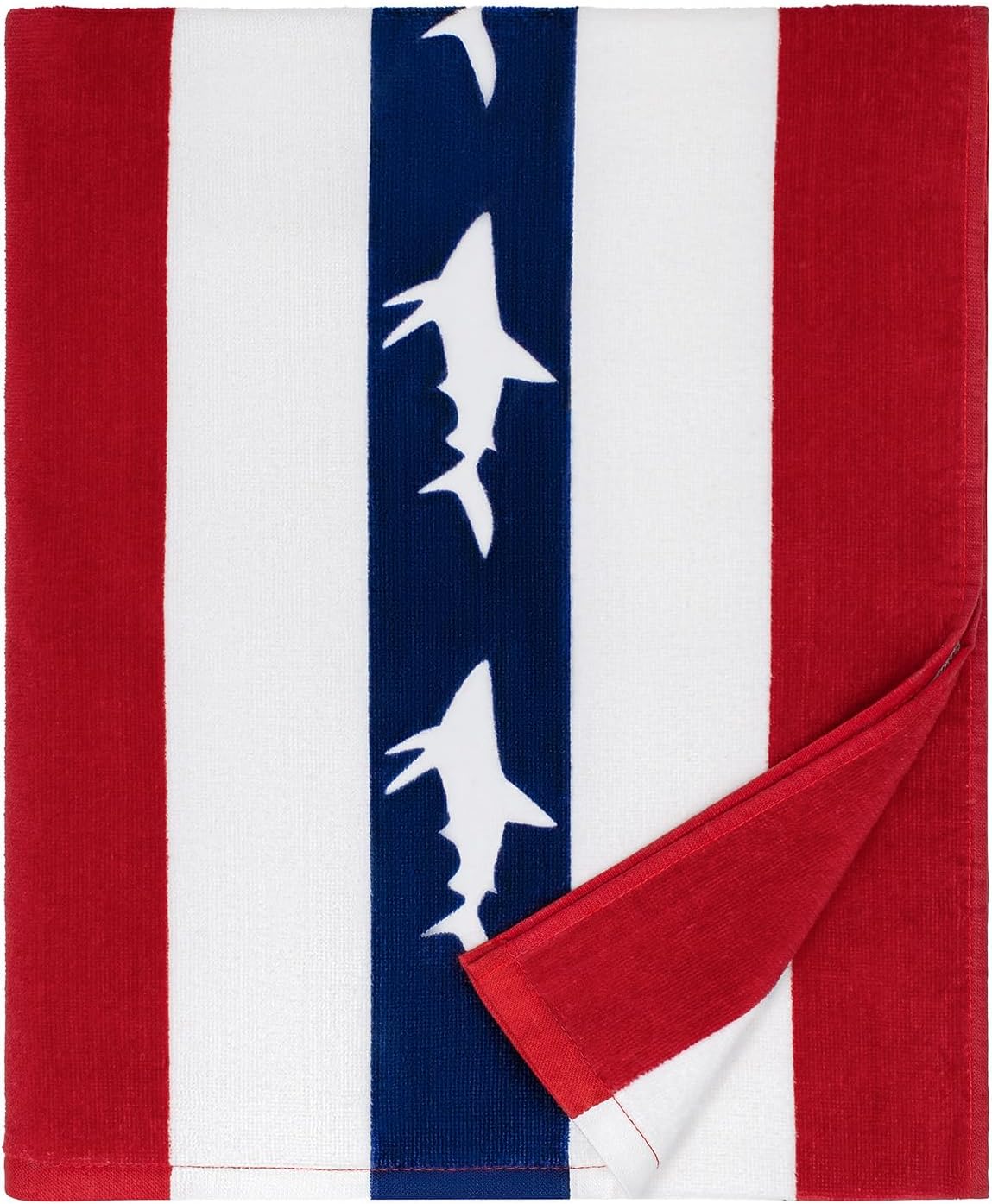 cabanana Large Beach Towel Oversized - Cotton Velour 35 x 70 Inch Shark Striped Terry Pool Towel, Cabana Soft Swimming Towel for Adults Women Men (Navy Red)