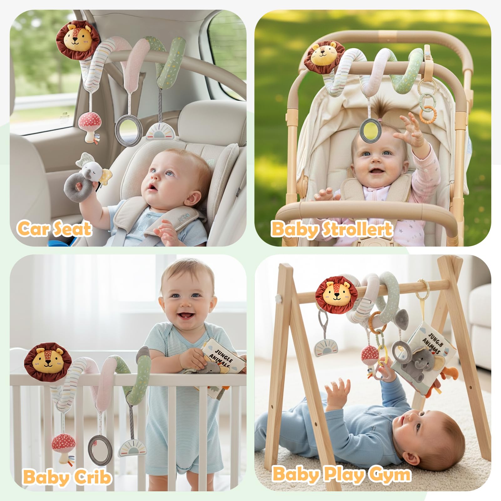 Joyreal Juguetes de cochecito en espiral para bebés, juguetes para recién nacidos, juguetes sensoriales para asiento de coche, sonajeros de bebé, anillos de enlace, libros de bebé de 0 a 12 meses
