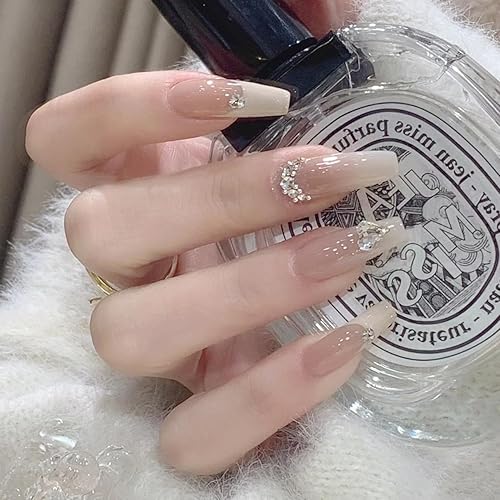 24 uñas francesas adhesivas medianas a presión, uñas postizas con diamantes de imitación, uñas acrílicas blancas nude, uñas postizas brillantes y