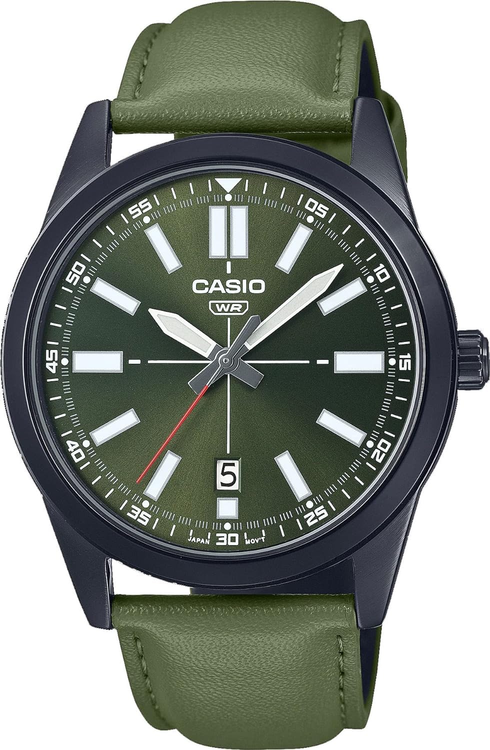 Casio MTP-VD02BL-3E Men's Black IP Green Dial Leather Band 3-Hand Analog Watch