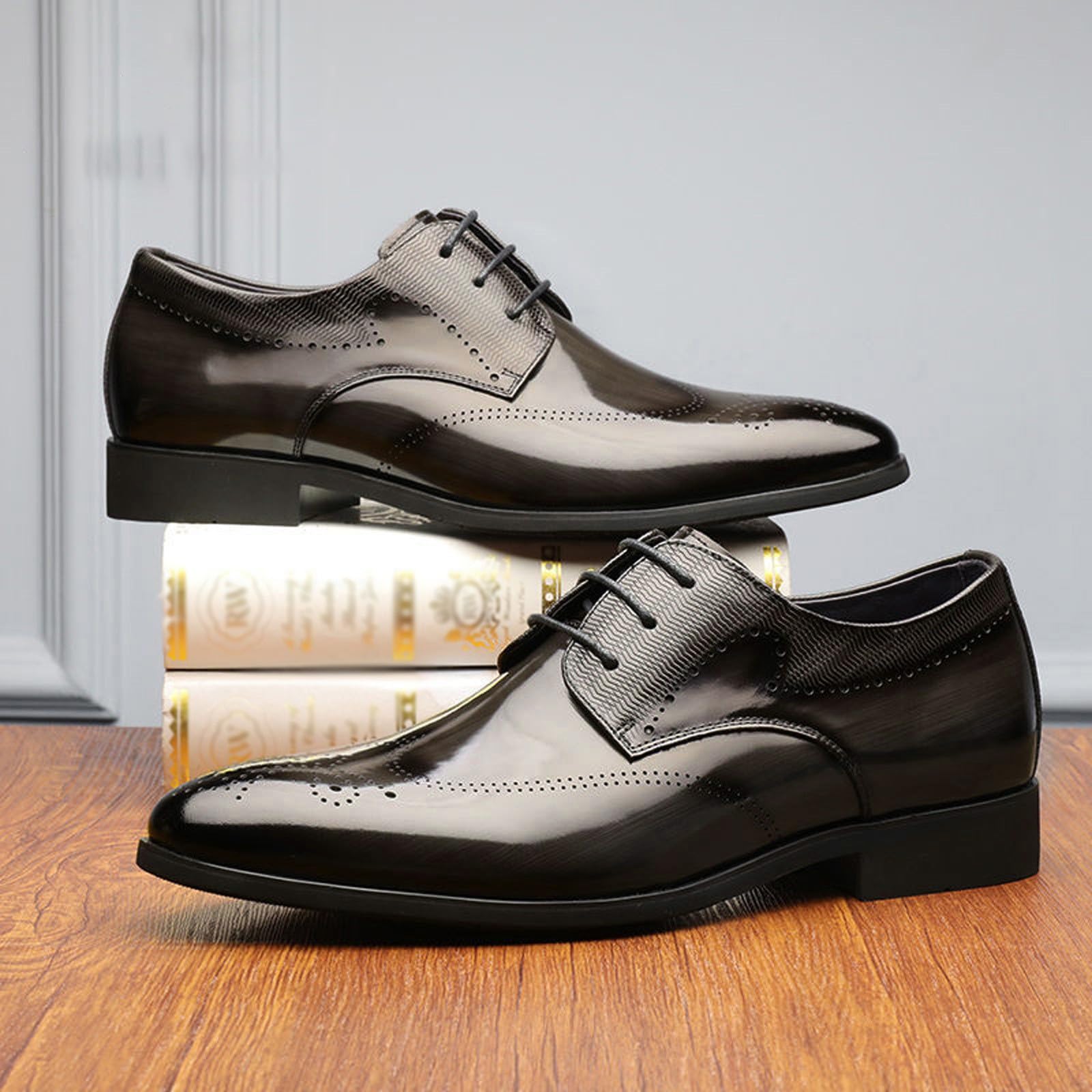 Męskie buty z brogsem eleganckie formalne sznurowane oksfordy sztuczna skóra biuro obuwie ślubne, szary, 39.5 EU