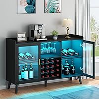 Vista 3 de Loomie - Gabinete de barra de vino con luz LED, gabinete de café para el hogar con estante de vino y soporte para vasos, aparador de buffet de Negro