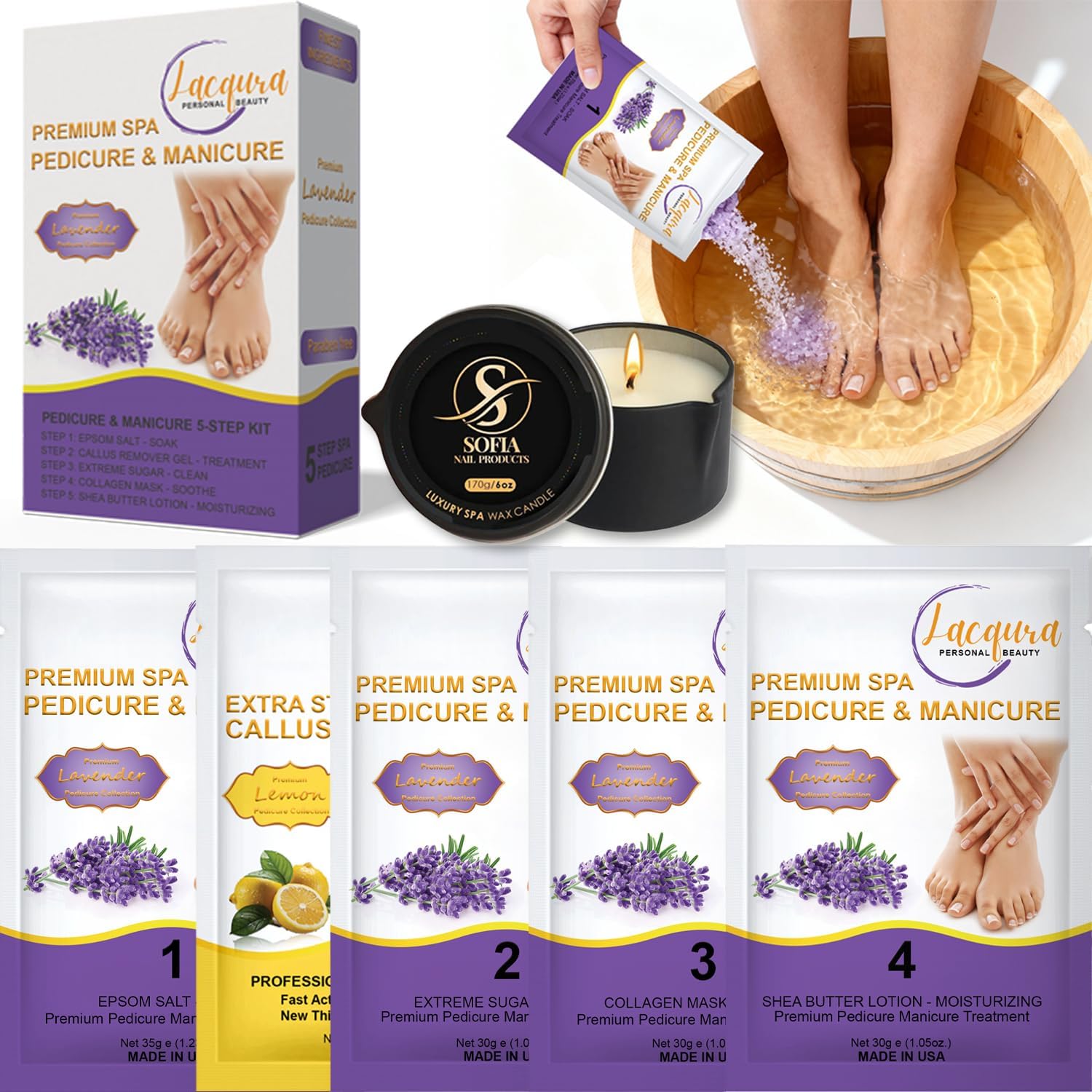 3 Set 5-Step Deluxe Pedicure Kit with 6 oz Massage Oil Candle – Epsom Salt Soak, Callus Remover Gel, Sugar Scrub, Collagen Mask & Shea Butter Lotion. (Lavender 3 Set, 6 oz)