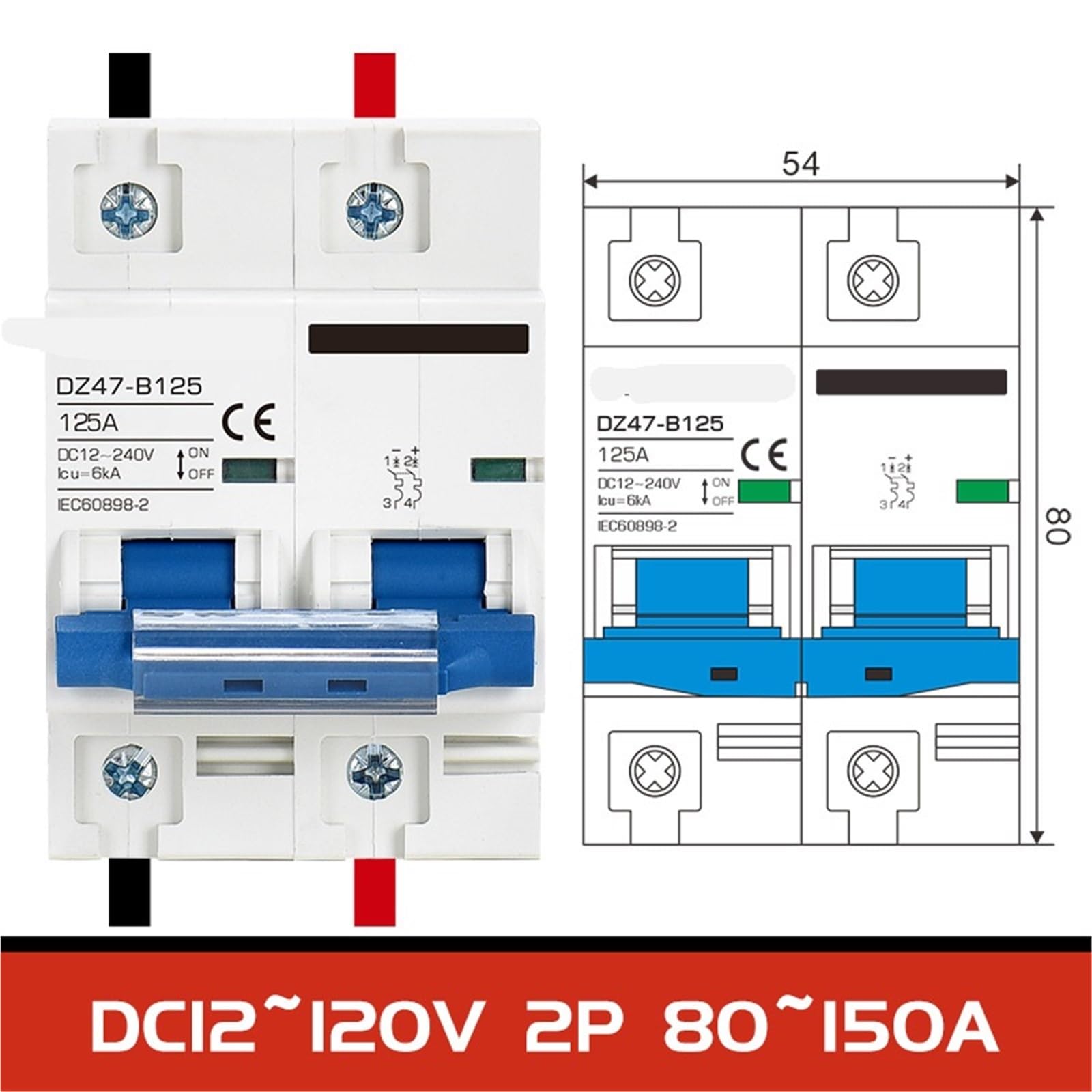 Miniaturowy wyłącznik automatyczny 12 V, 24 V, MCB 2P, 125 A, 130 A, 16 A, bezpiecznik resetujący, falownik, ochrona baterii, izolator, przełącznik transferu (1P, B16A)