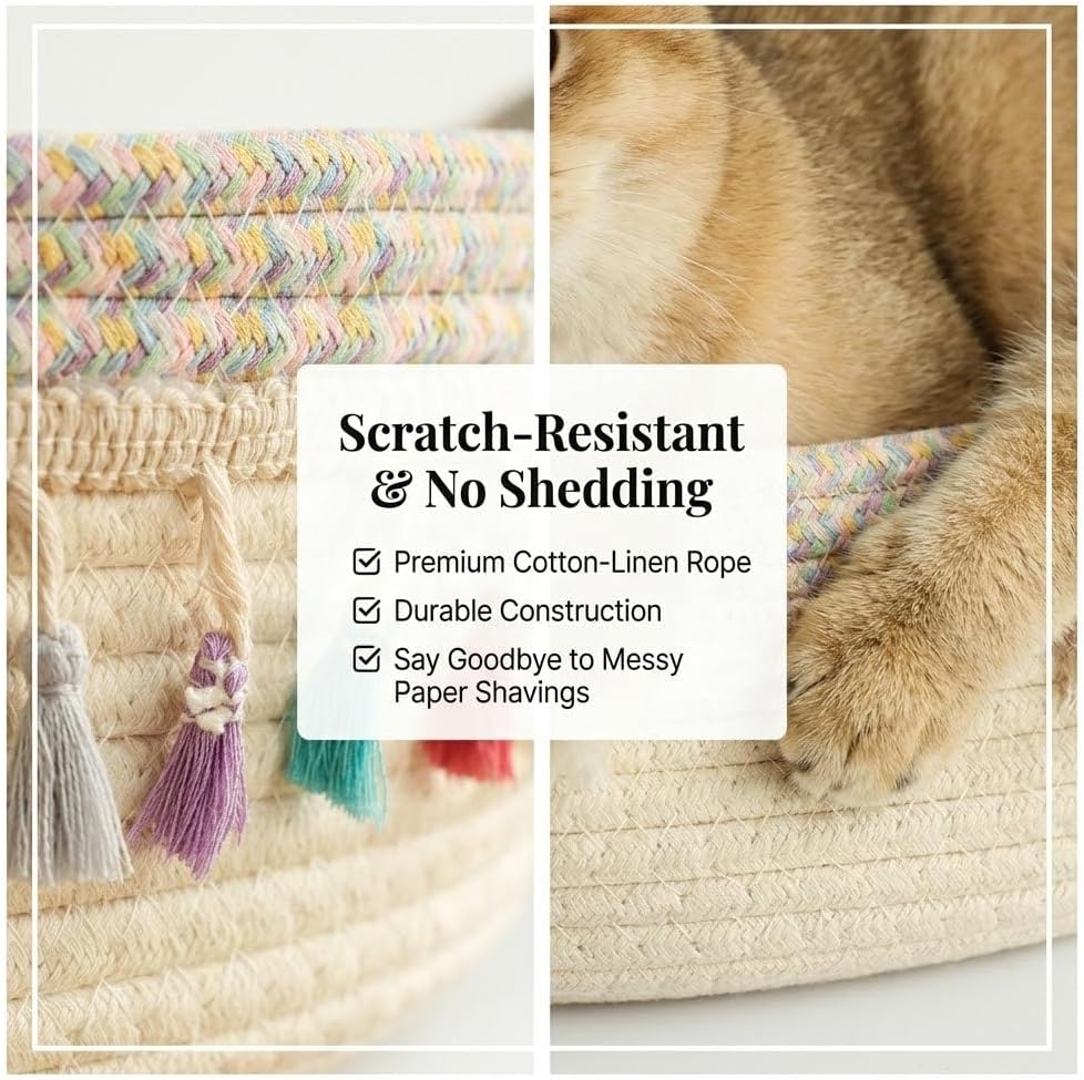 Large Cat Bed Basket Round Cotton Rope Woven,Cat Bed for Indoor with Toy Ball, Suitable for Small and Medium Pets, 18.9" L x 18.9" W x 6" Th (with Tassels)
