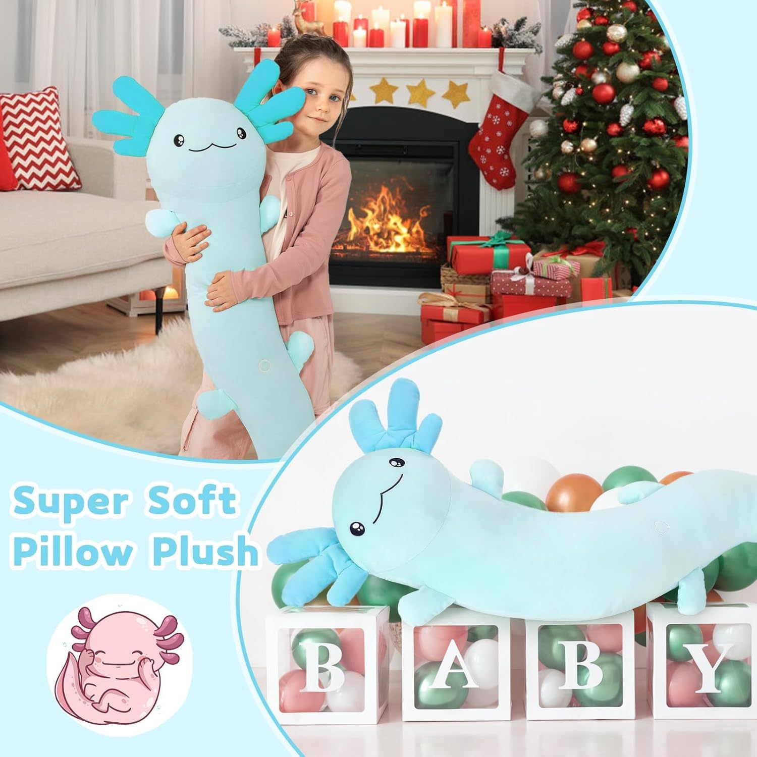 MaoGoLan Large Axolotl Plush Body Pillow,Big Salamander Plush Pillow Toy,XL Axolotl Stuffed Animal for Kids, Salamander Plushies Glow in The Dark, Christmas Valentine Birthday Gifts Blue - Image 8