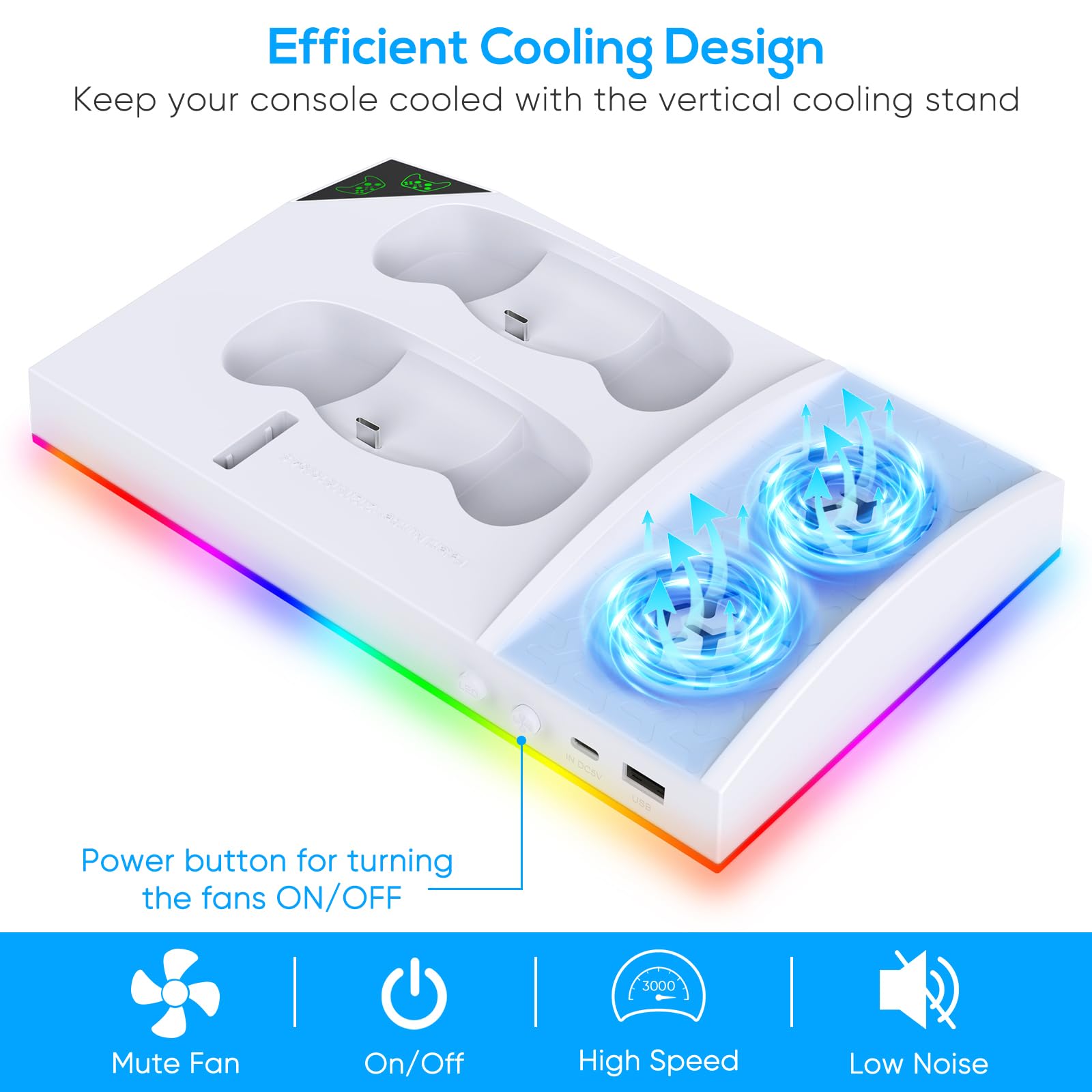 Gorixer Station de Charge pour Xbox Series S avec Ventilateur de Refroidissement, Batterie 2x1400 Mah pour Contrôleur, Accessoires avec 15 Modes d'éclairage LED, Crochet pour Casque, câble USB C