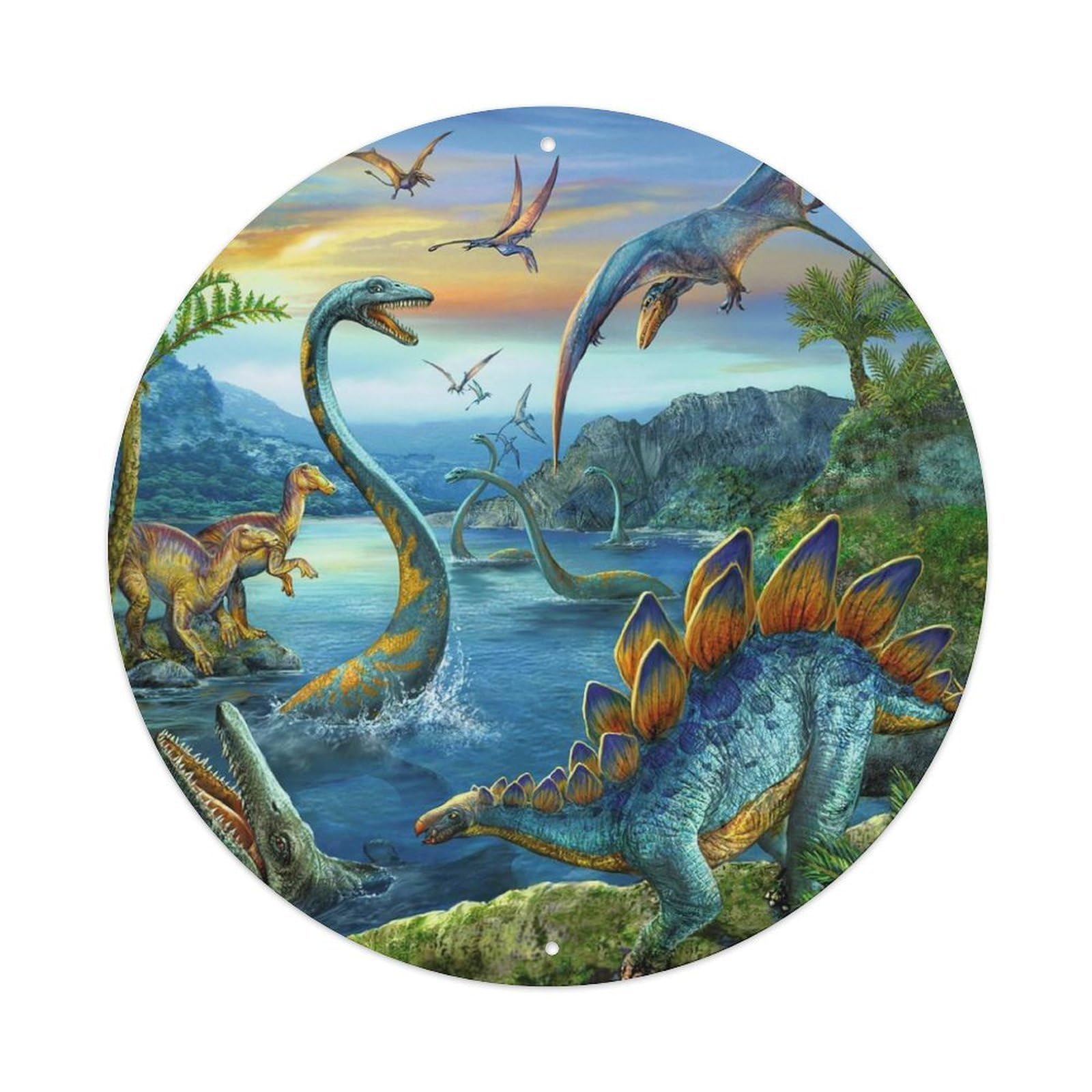 Dinosaur Poster The Age of Dinosaurs Vintage Metal Tin Sign Plaque Wall Decor for Cafe, Club, Garden Round Metal Poster 8x8Inch