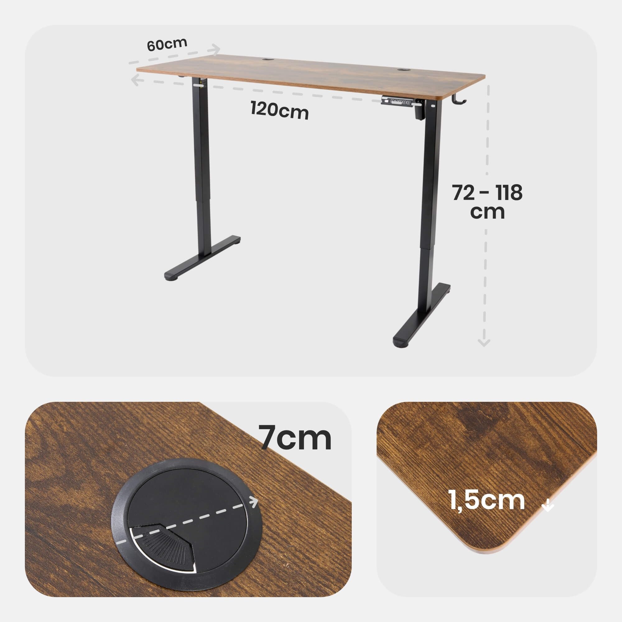 Arebos elektrisch höhenverstellbarer Schreibtisch 120x60 cm | Memory-Funktion | Verstellbarer Computertisch 72-118 cm | Standing Desk | ergonomischer Bürotisch | Steh-Sitz Tisch | Braun
