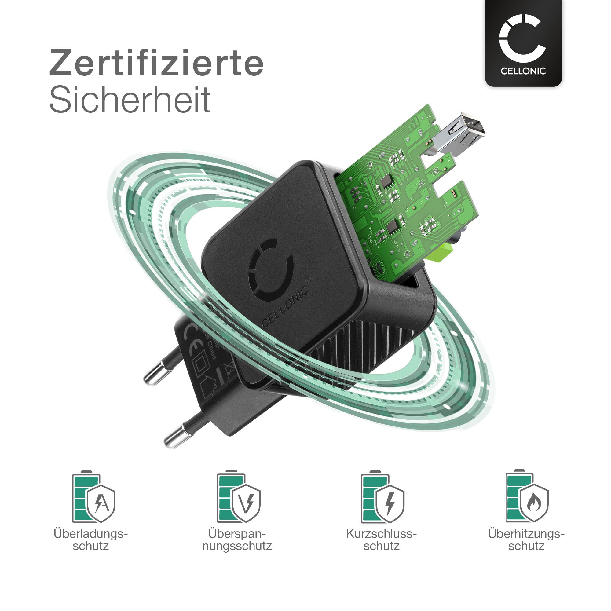 CELLONIC USB-Ladegerät – Kompakter Steckdosenadapter, 12W, Mit Überspannungsschutz Für Handy & Tablet