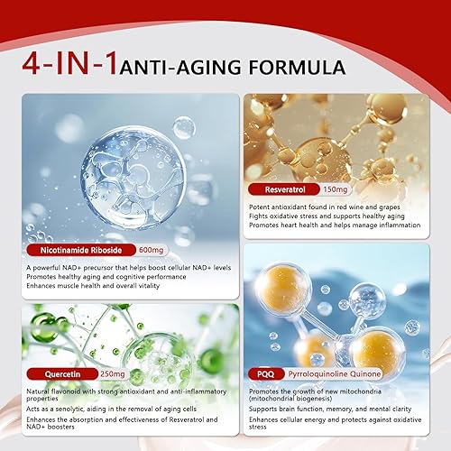 Miniatura 3 de Suplemento NAD 1000 mg paquetes líquidos  Suplementos NAD para mujeres y hombres con ribósido de nicotinamida, resveratrol, PQQ, quercetina