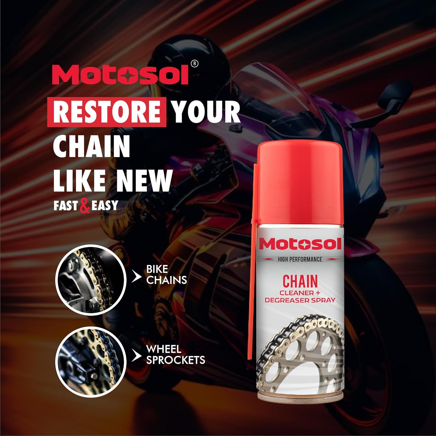 Motosol Chain Lube & Chain Degreaser Combo | Chain Care Kit | Bike Chain Lubricant | Cleaner Degreaser Spray | Chain Care Products | Bike Scooter Motorcycle Chain Cleaning Accessories | 100ml each 1