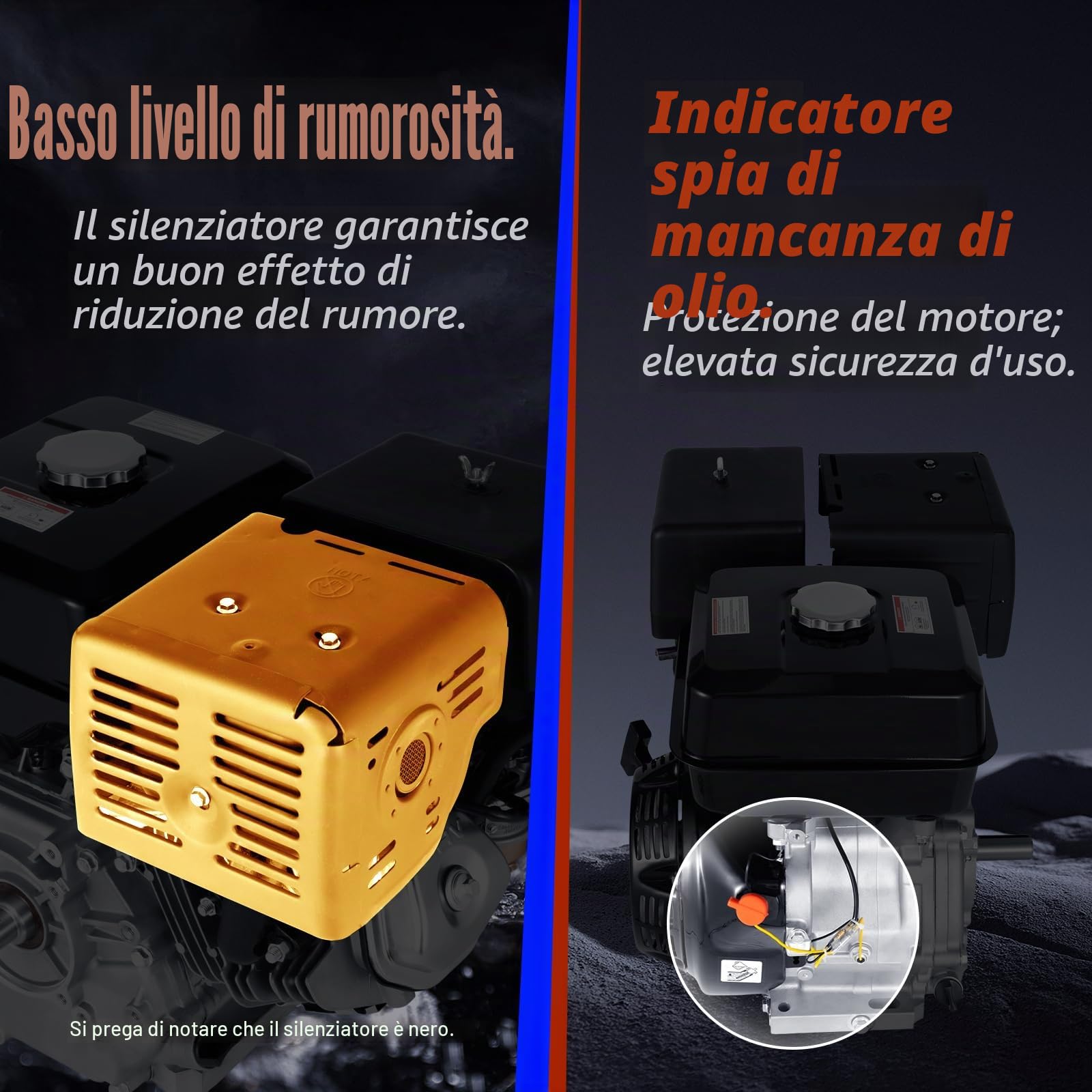 Motore a benzina 420 CC 15 CV 9 KW 4 tempi, motore industriale, 1 cilindro, raffreddato ad aria, di alta qualità, con allarme olio (3600r/min, diametro albero 25 mm), silenziatore leggero (nero)