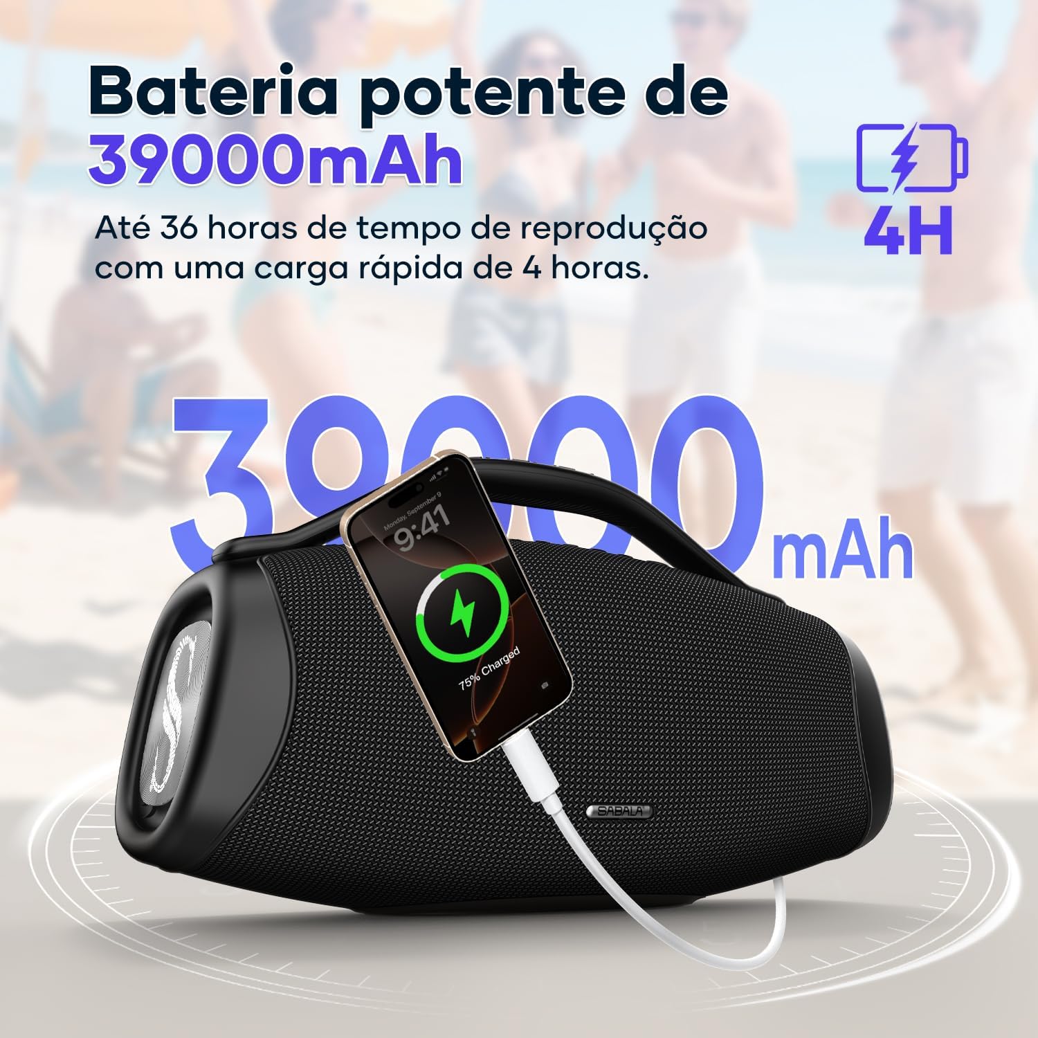 Caixa de Som Bluetooth SABALA DR-909 Boombox,39000mAh 36H Bluetooth 5.3, IPX6 TWS, Portátil USB Powerbank (Preto)