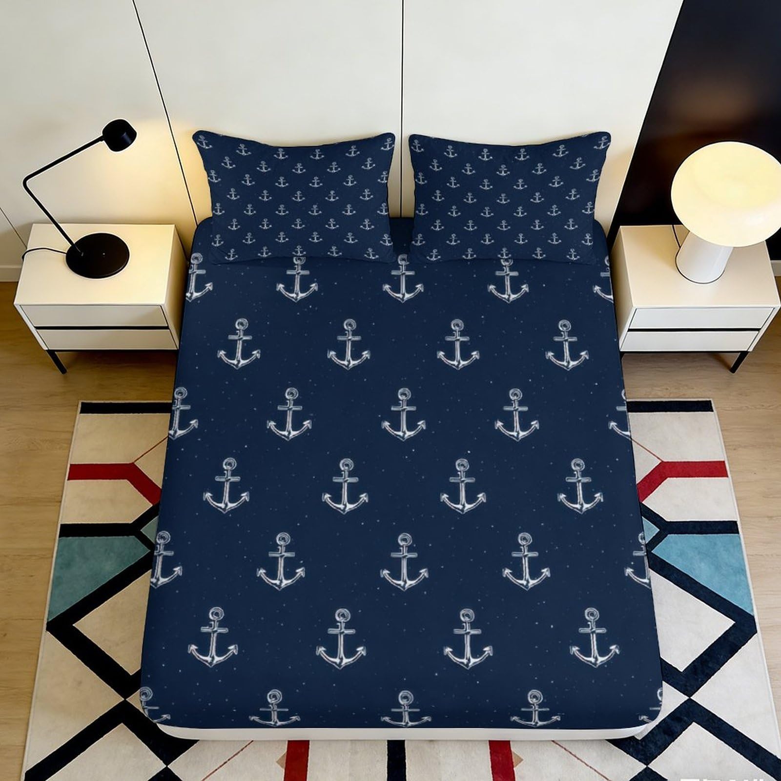 Jqzkxnhpbr Style-9 3D Printed Navy Anchor Fitted Sheet Microfiber Soft Anti-Slip Bed Cover Nautical Decor For Bedroom Dorm Mattress Protection 90X200x25cm
