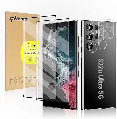 Vista 26 de Paquete de 2 protectores de pantalla de vidrio templado curvado aplicables para Samsung Galaxy S21 Ultra 5G de 6.8 pulgadas + 2 protectores de lente