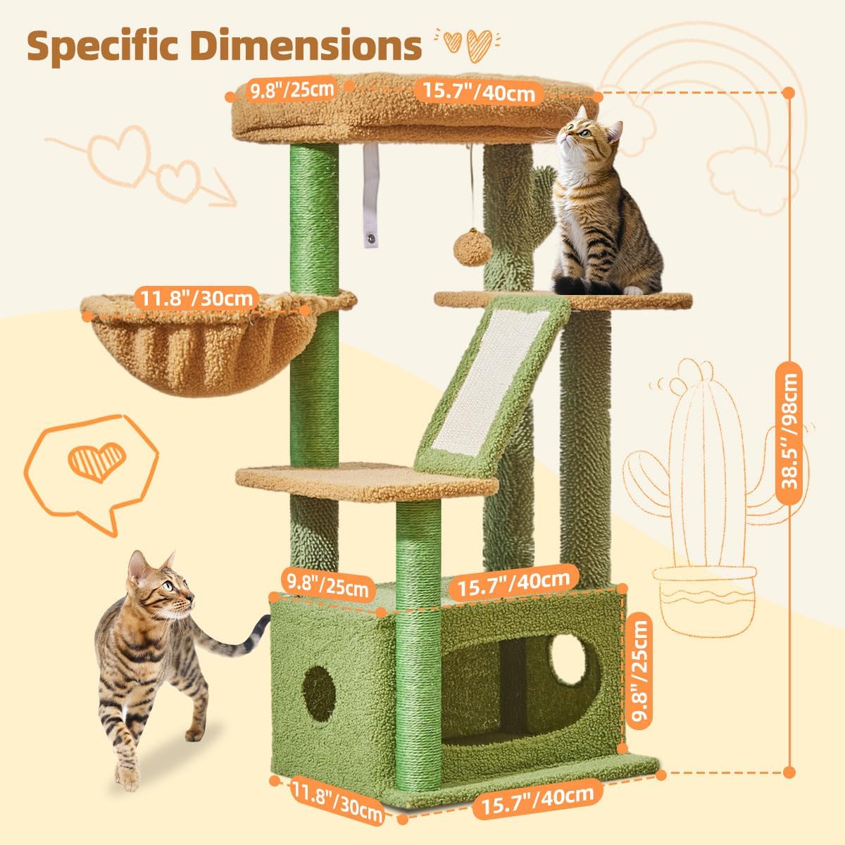Taoqimiao Cat Tree,38.5-Inch Cat Tower for Indoor Cats,Suitable for Kittens with Luxurious cat condo with Adjustable Baskets and Luxurious Perch MS029ST Cactus