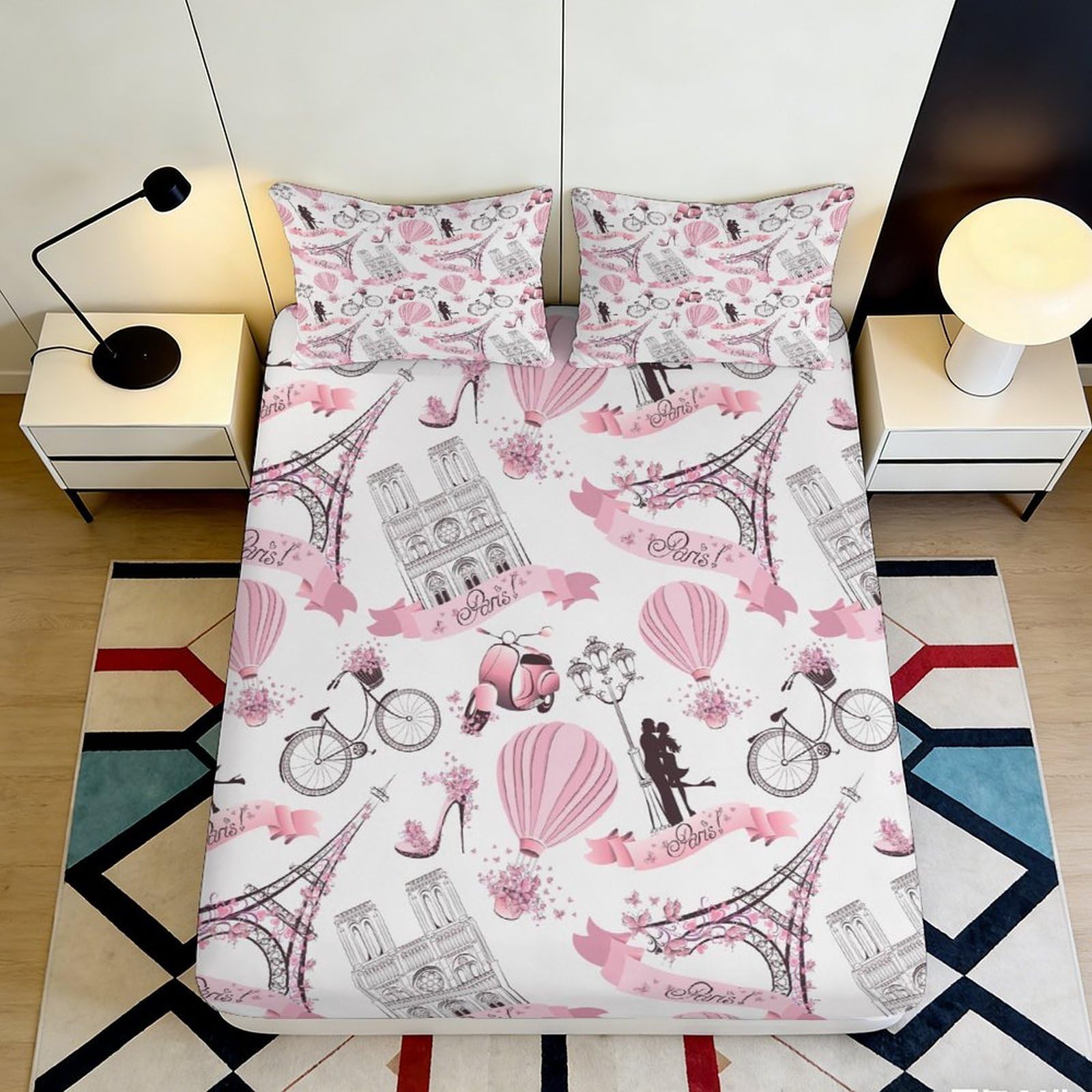 Jqzkxnhpbr Style-4 3D Printed Paris Eiffel Tower Fitted Sheet Microfiber Pink Hot Air Balloon Mattress Cover Bedroom Decor 90X200x25cm