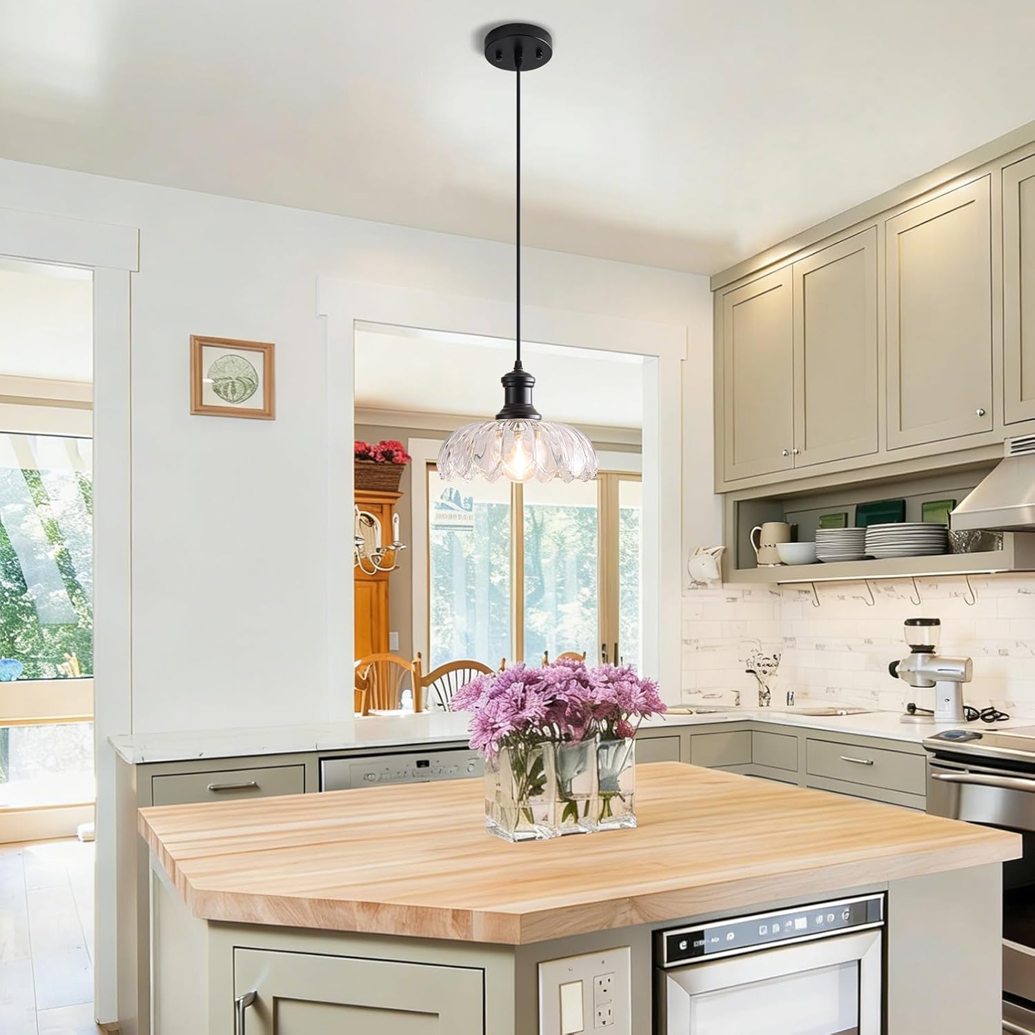 Farmhouse Pendant Light Fixture, Vintage Glass Pendant Light Kitchen Island Over Sink Table, Adjustable Hanging Pendant Lamp for Bedroom, Dining Room, Living Room, Bathroom