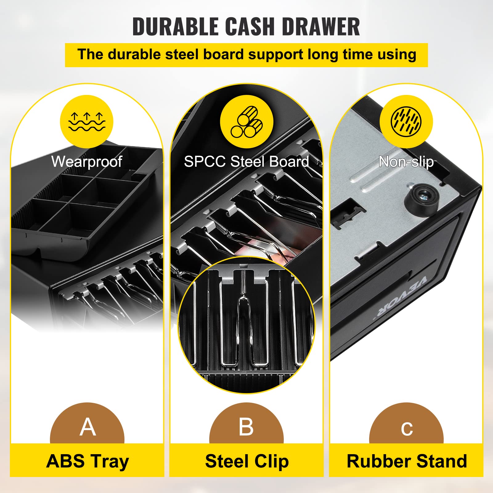 VEVOR Cassetto per Registratore di Cassa, Cassetto Portasoldi Apertura Automatico con 3 Metodi di Sblocco, Cassetta Portavalori con 5 Scomparti per Banconote e 6 per Monete, 41 x 42 x 10 cm (Nero)