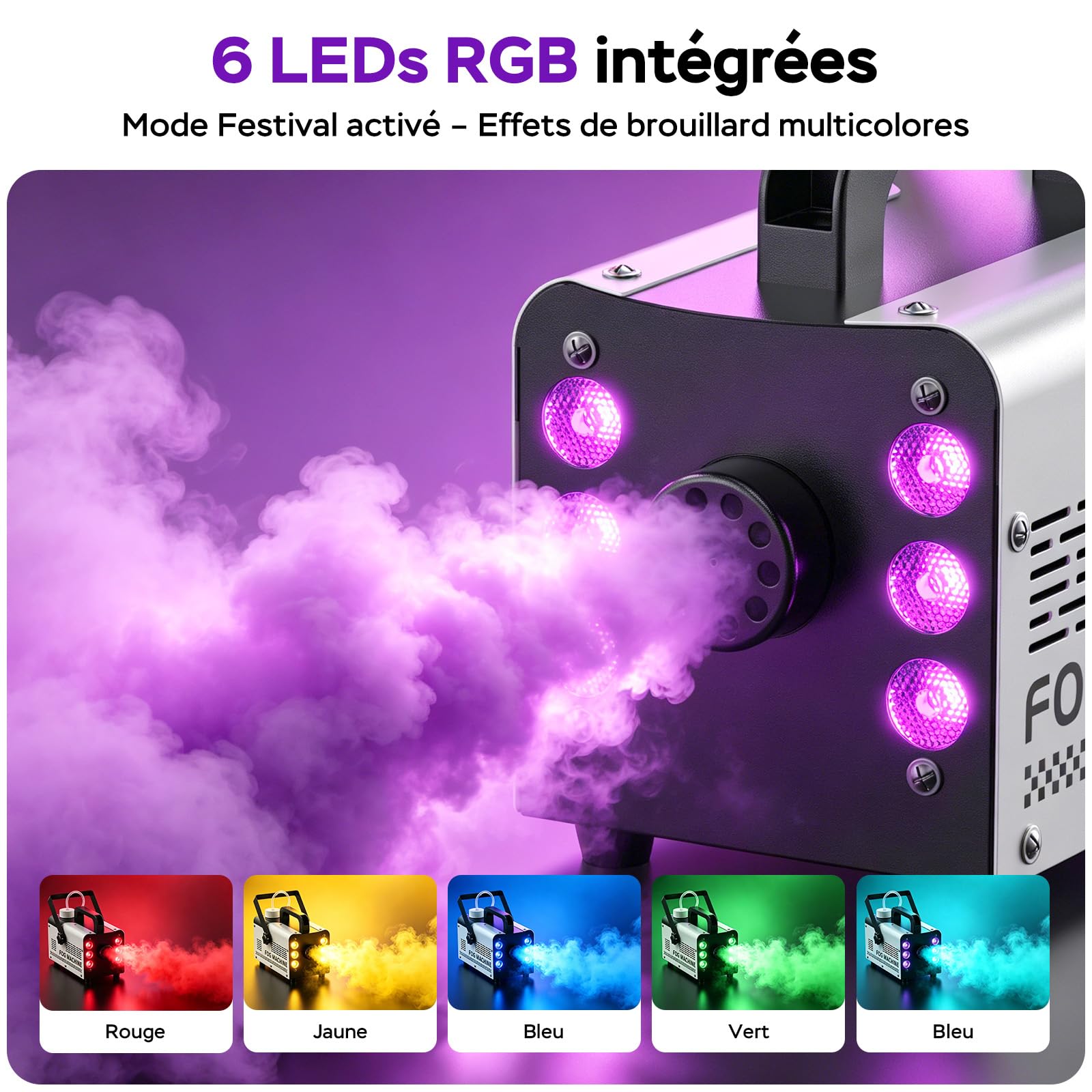 Machine à Fumée Mini Machine à Brouillard avec 6 LED Lumières Contrôlables en Couleur, 400 W avec télécommande, DJ Mariage Halloween Fête et Spectacle Noël Contrôle double mode