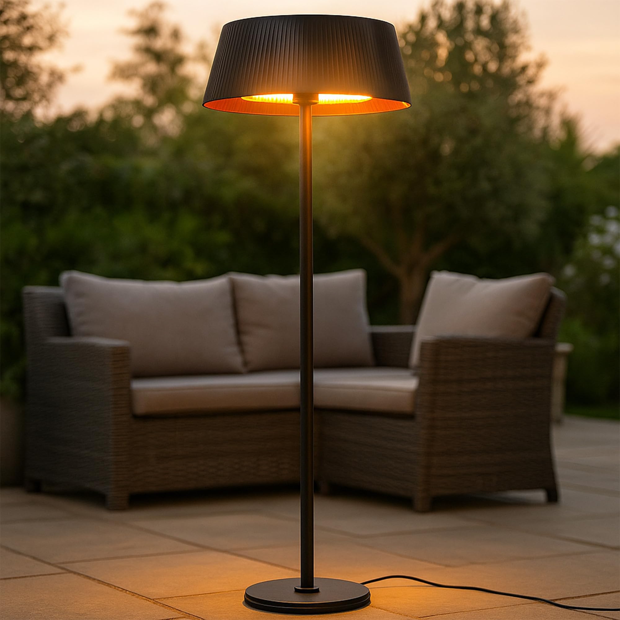 JSH Caldo/Solara Floor Standing Outdoor Electric Patio Heater | 3 Heat Settings 800/1200/2000W | Large Stylish Modern 60cm Lampshade Design | Portable Garden Space Halogen Heating (Caldo)