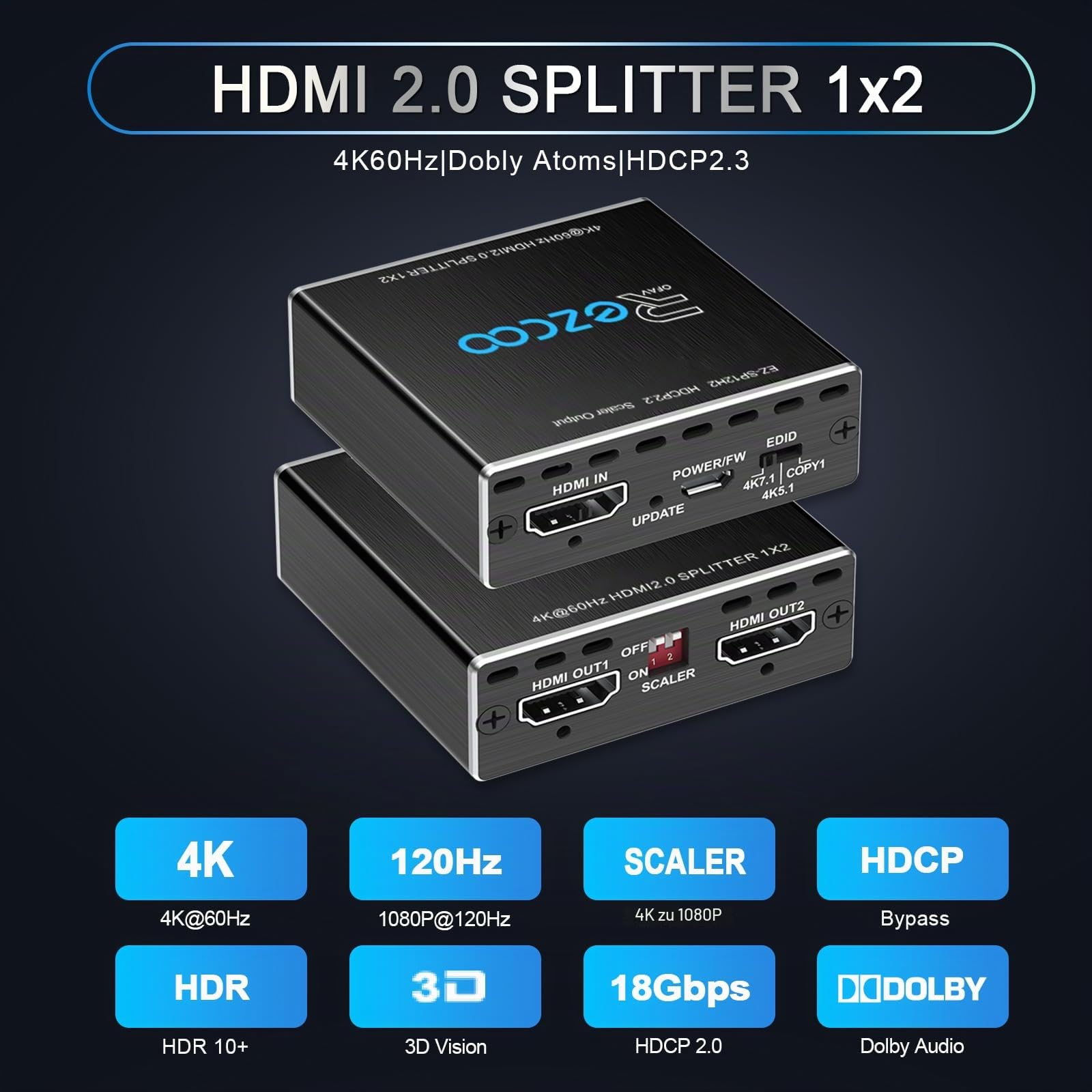 4K 60Hz HDMI Splitter 1x2 1080P 120Hz HDCP2.2 HDR 18Gbps UHD Dolby Vision Atmos EDID Scaler 4K 1080P Dual Monitors HDMI 2.0 Splitter 1 in2 Out for PS5, SkyQ, Xbox, Fire Stick