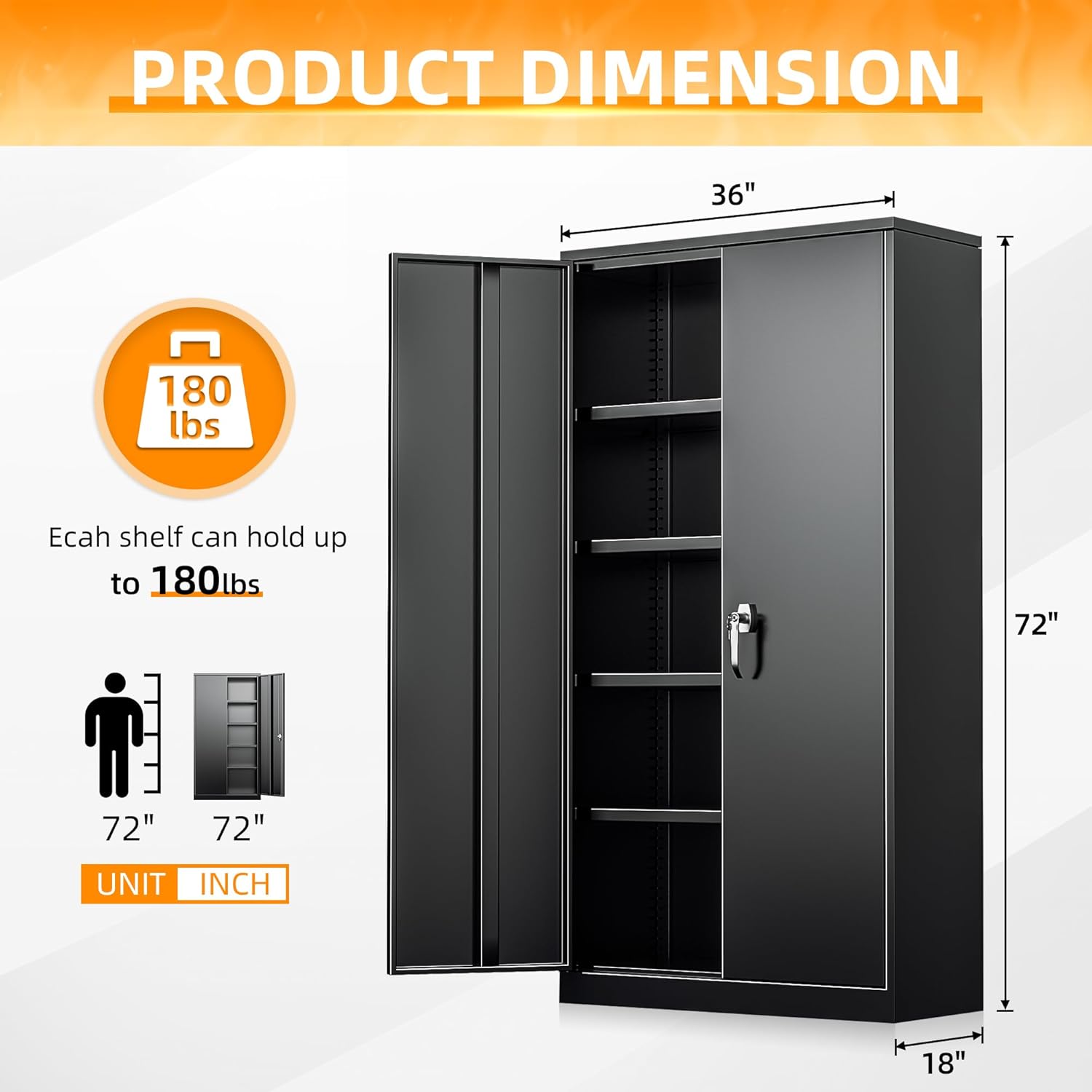 Diagram showing the dimensions of the INTERGREAT 72-inch storage cabinet: 72 inches high, 36 inches wide, and 18 inches deep. Also indicates a shelf capacity of 180 lbs.