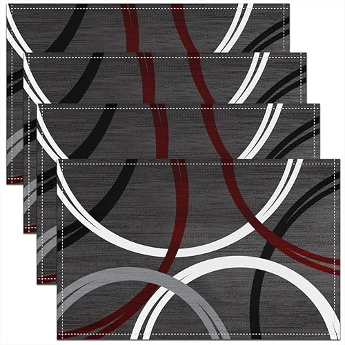 Juego de 4 manteles individuales con estampado de círculos modernos de 12 x 18 pulgadas, color rojo, negro, blanco, gris, patrón geométrico, para