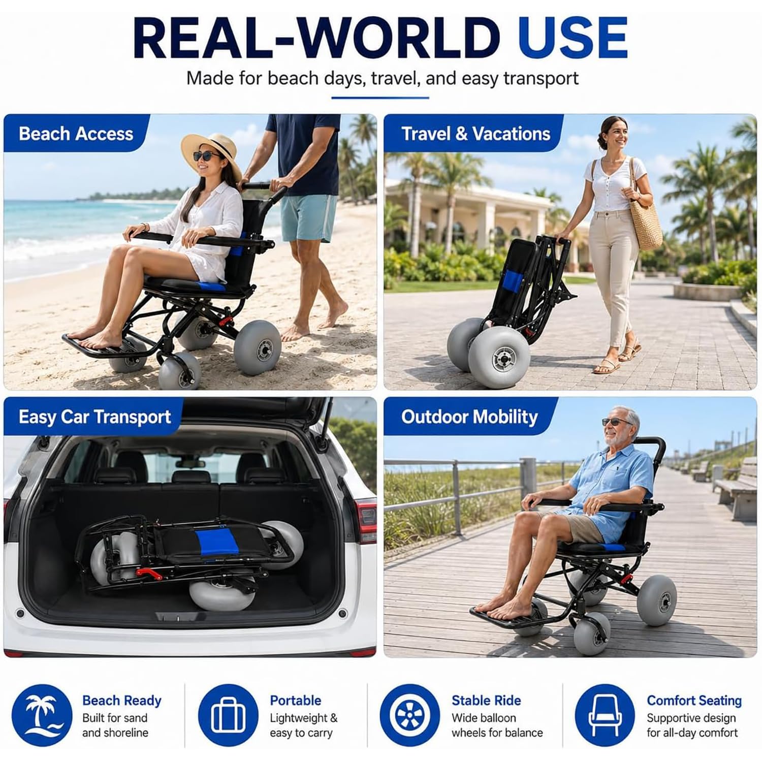 Silla De Ruedas Plegable para Playa, Silla De Ruedas Ligera para Personas Mayores Y Niños, Silla De Ruedas Todoterreno, con Neumáticos Anchos De 12" Y 9", Capacidad De 130 Libras para
