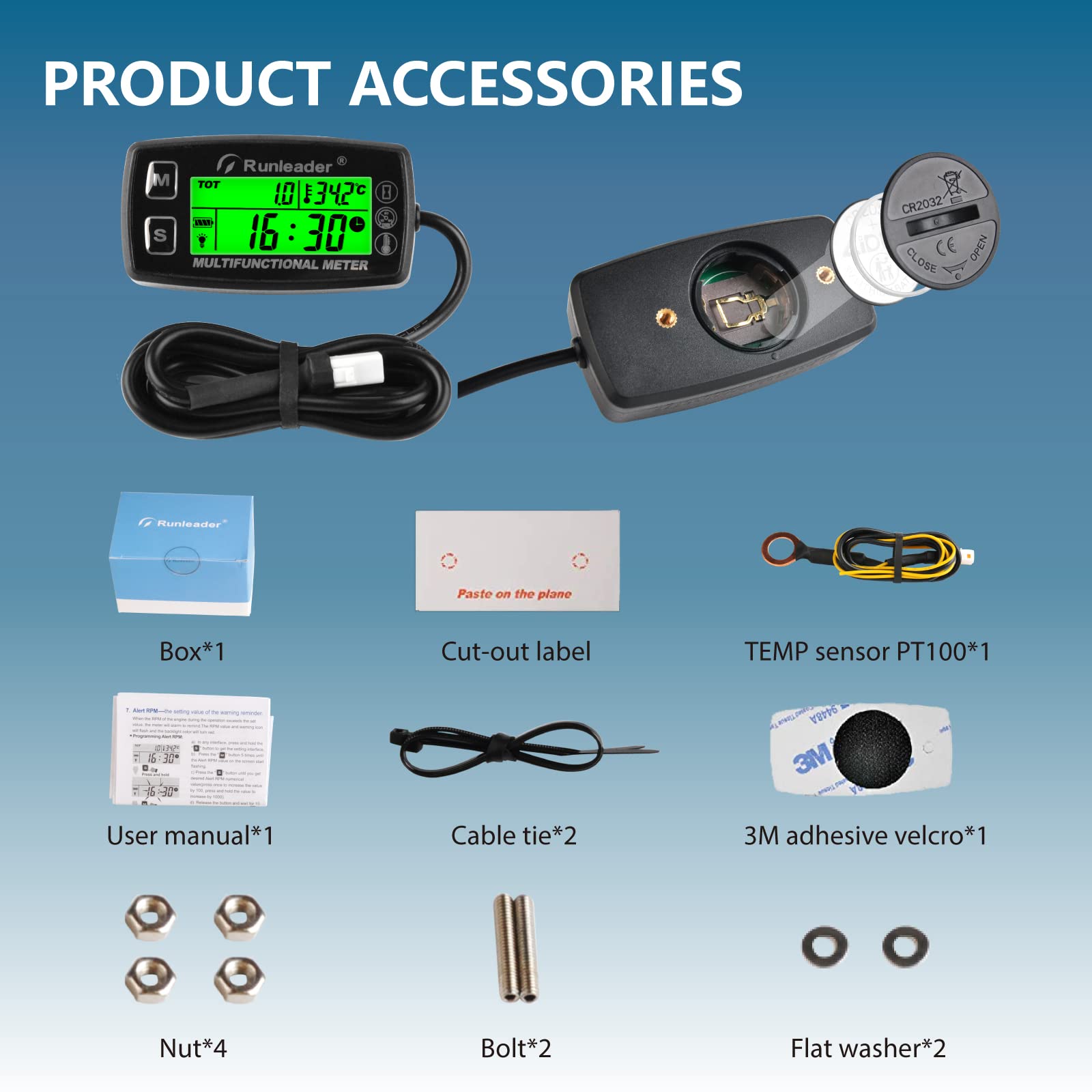 Runleader Digital Hour Meter Tachometer, Misuratore di Temperatura Motore con Alert Temp, 3 Retroilluminazione Display per Generatore Motoslitta Prato Trattore Pit Bike Compressore Marine (RL -HM035A)