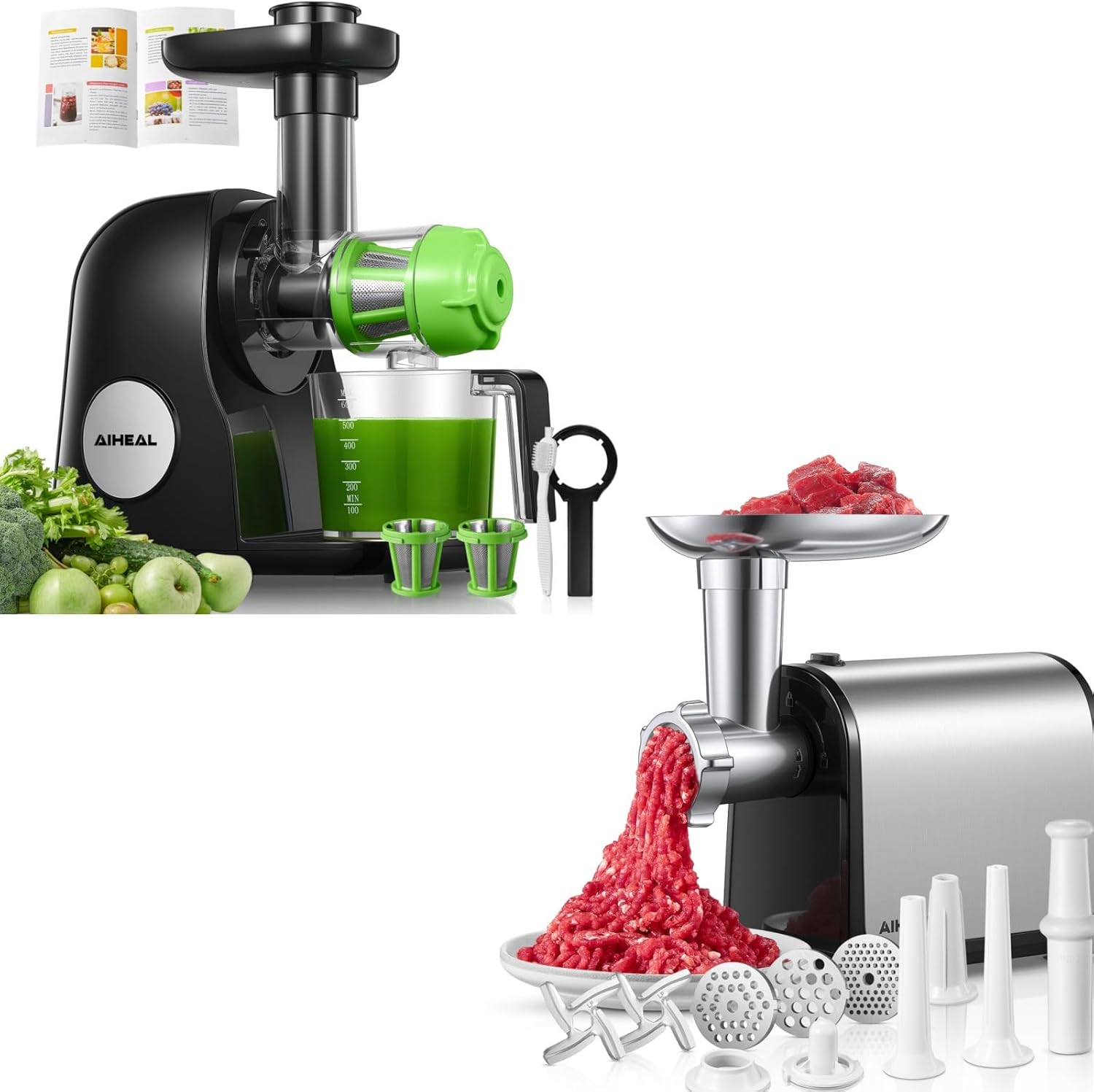 3 in 1 Electric Meat Grinder, with 3 Sausage Tubes, 2 Blades, 3 Plates & Slow Masticating Juicer Extractor Easy to Clean with Hige Juice Yield