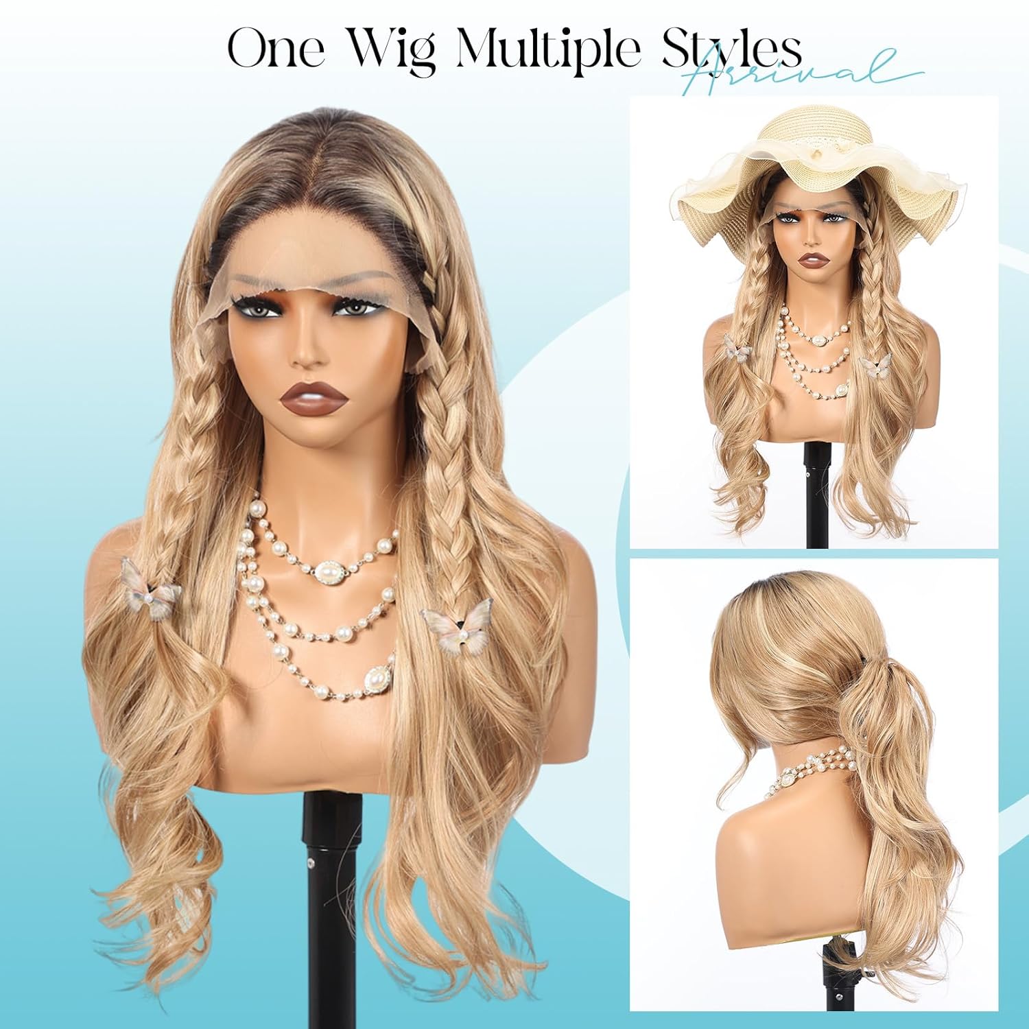 13x4 HD Lace Front Synthetic Wig for Women 26 Inch,Heat Resistant Long Wave Layered, Glueless Lace Front Wigs, Easy to Wear & Style (Dirty Blonde Highlight)