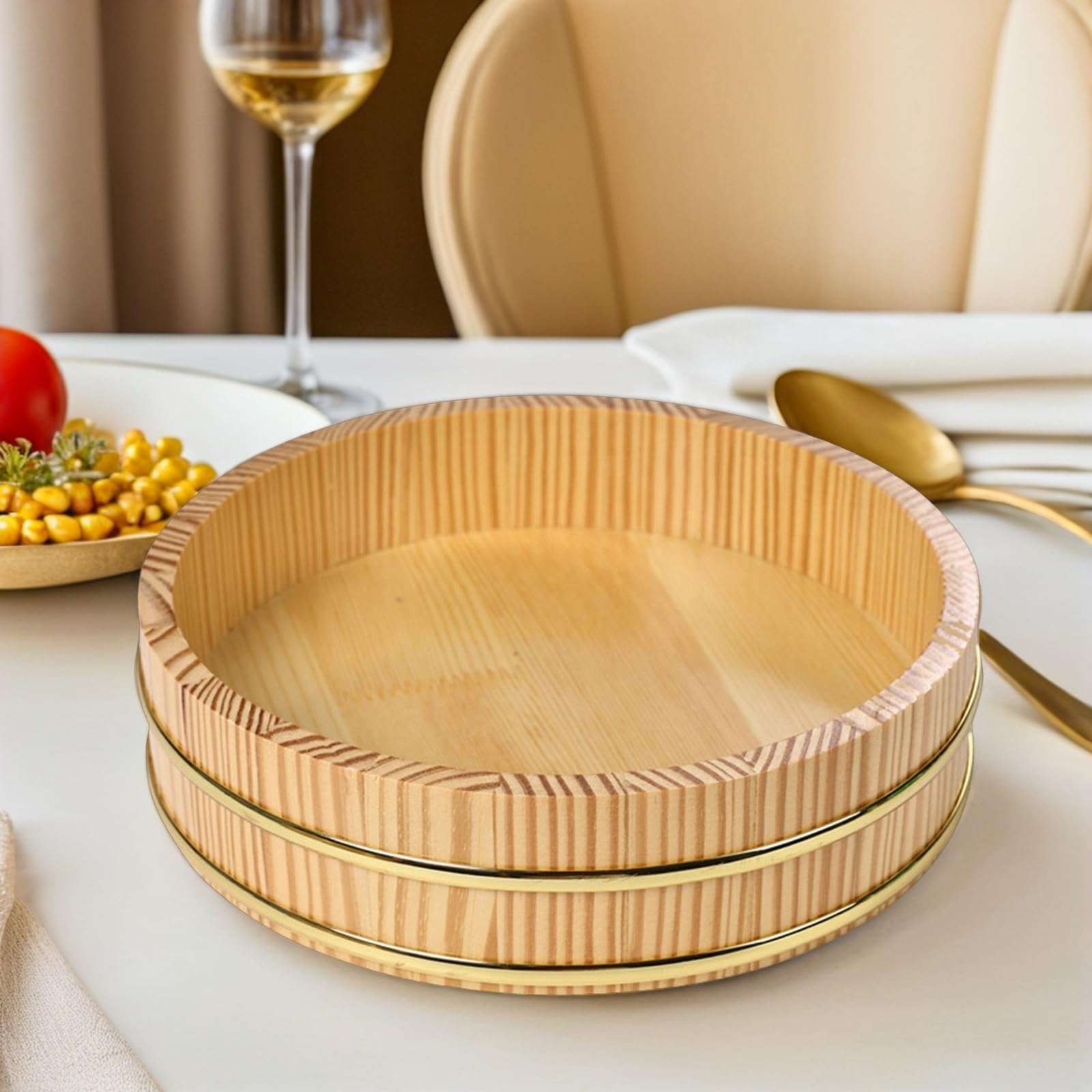 Cuenco Capacidad Grande de Madera con Borde Dorado Hangiri Japonés Elegante y Refinado para Sushi y Sashimi para Reuniones Familiares y Mesa de Comedor