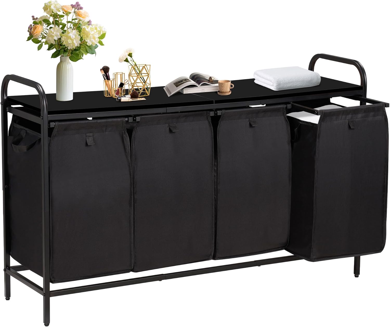 4 Section Laundry Hamper with Shelf, Laundry Basket Organizer with 4 Pull-Out Removable Bags 4×11.5Gal(43.4L), Laundry Sorter for Clothes Organization in Bedroom, Laundry Room, Black 46.0 Gal-174L-4 section BLACK