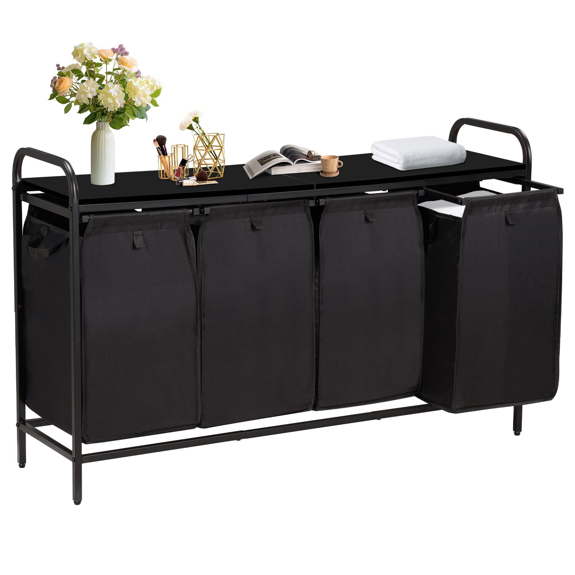 4 Section Laundry Hamper with Shelf, Laundry Basket Organizer with 4 Pull-Out Removable Bags 4×11.5Gal(43.4L), Laundry Sorter for Clothes Organization in Bedroom, Laundry Room, Black