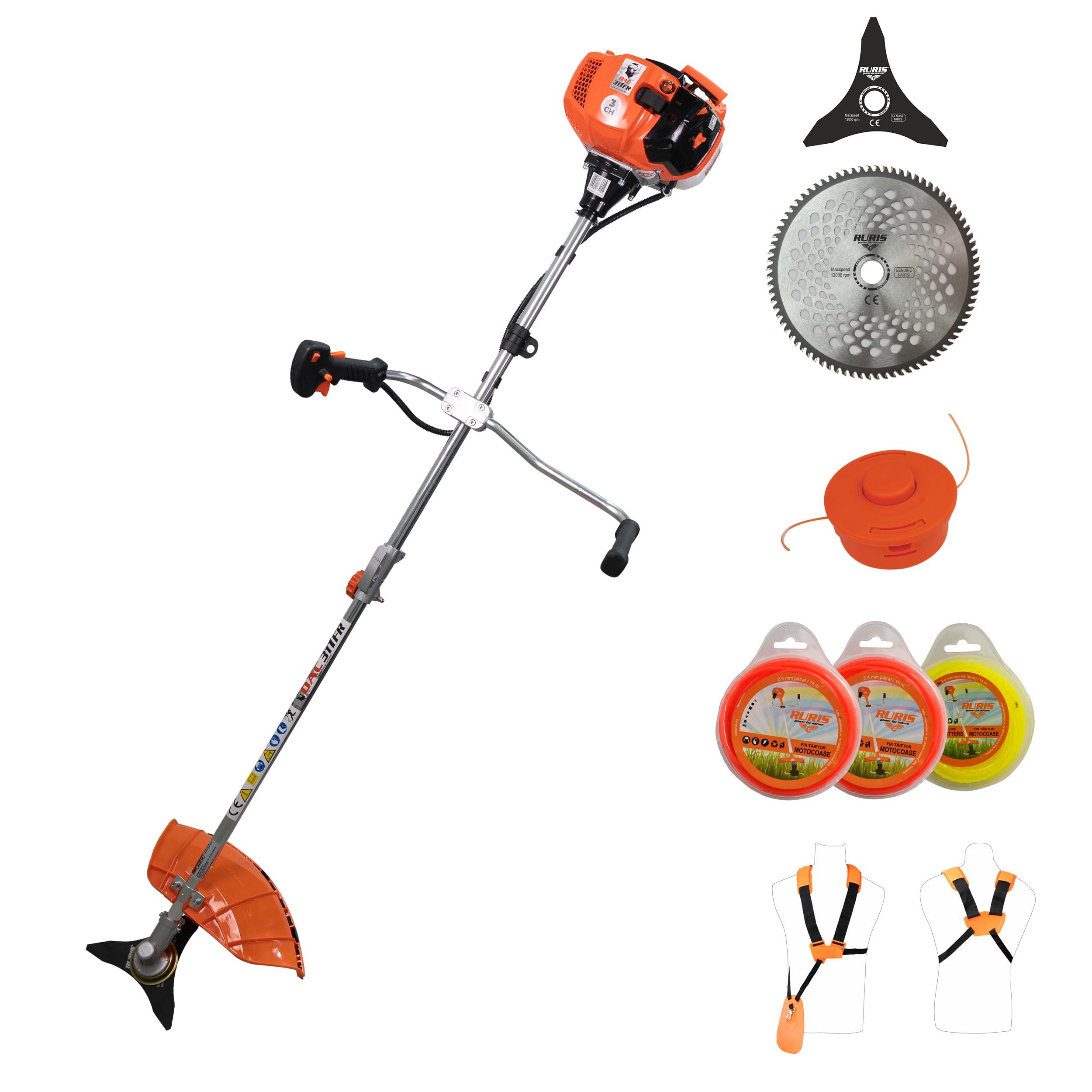 RURIS Termiczna kosiarka spalinowa DAC 311fr TEZ 52 cm³, 3 KM, 2-suwowa, szerokość 250 mm, zestaw w zestawie z uprzężą, 2 x tarczą, głowicą i drutem tnącym - do ogrodu i krawędzi
