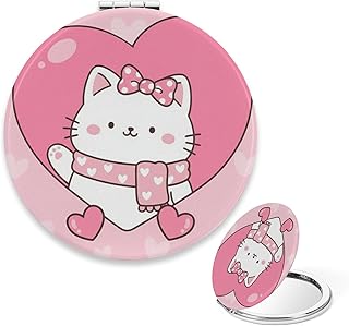 Compact Mirror Vintage, Cute Cat Pink Heart w...