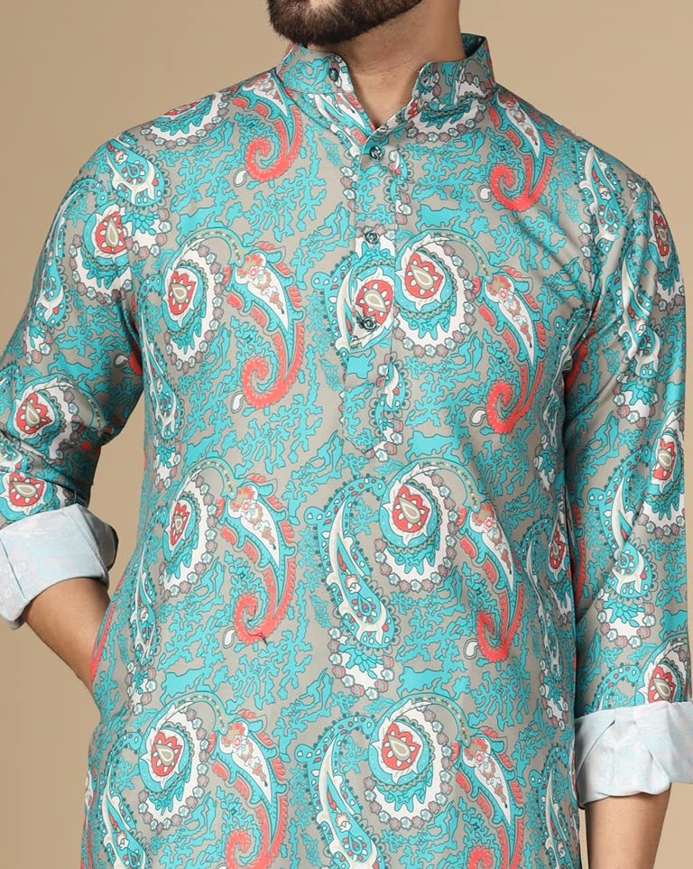 Image of Leriya Fashion Rayon Printed Regular Men's Kurta (LF-M144 Green1