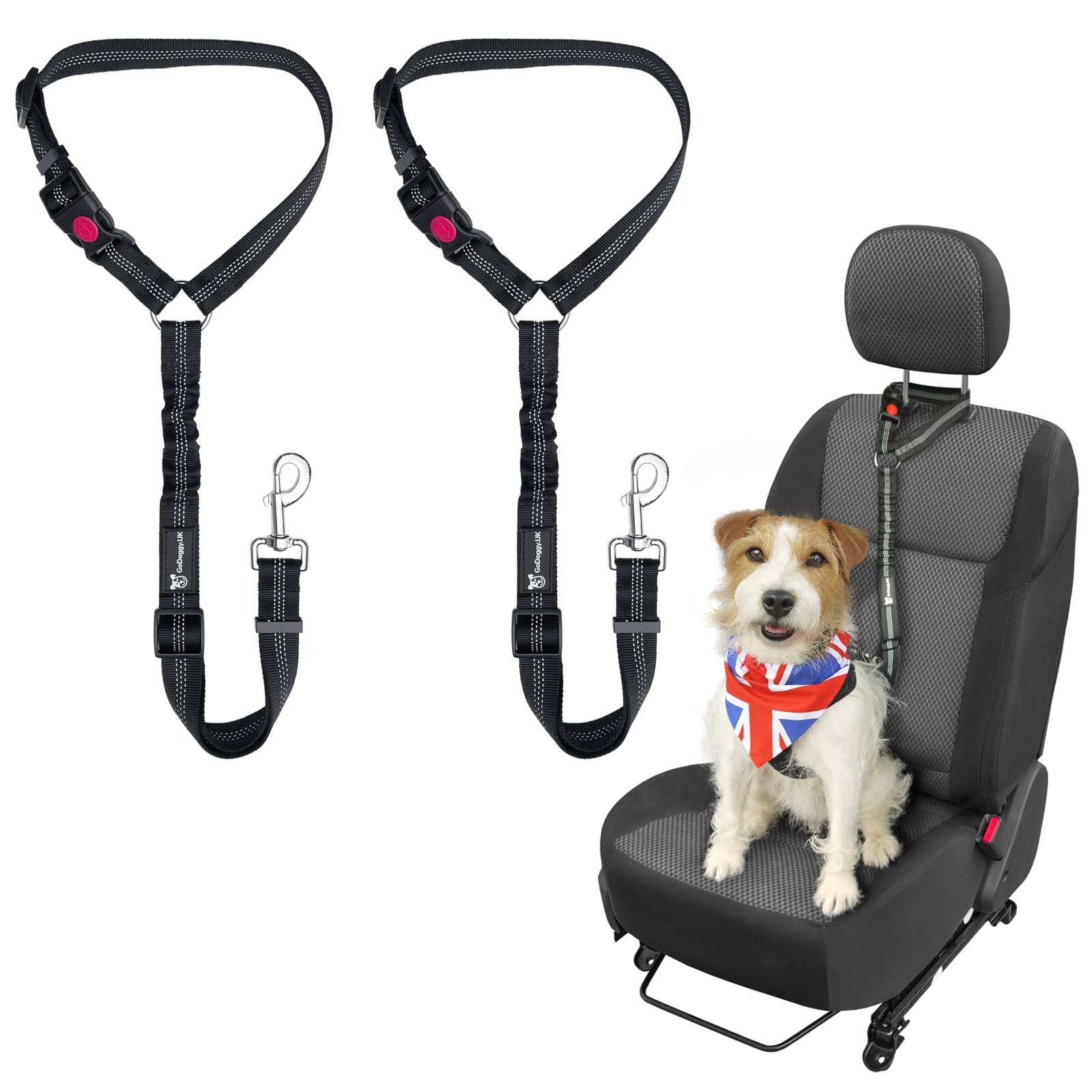 Dog Seat Belt, 2 Pack Adjustable Strong Safety Harness for Small, Medium and Large Pets, Reflective Elastic Bungee Connect Dog Harness in Vehicle Travel Daily Use